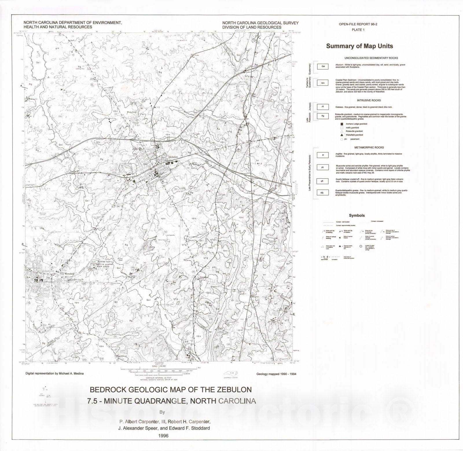 Map : Bedrock geology of the Zebulon 7.5-minute quadrangle, Franklin, Johnston, Nash and Wake counties, North Carolina, 1996 Cartography Wall Art :