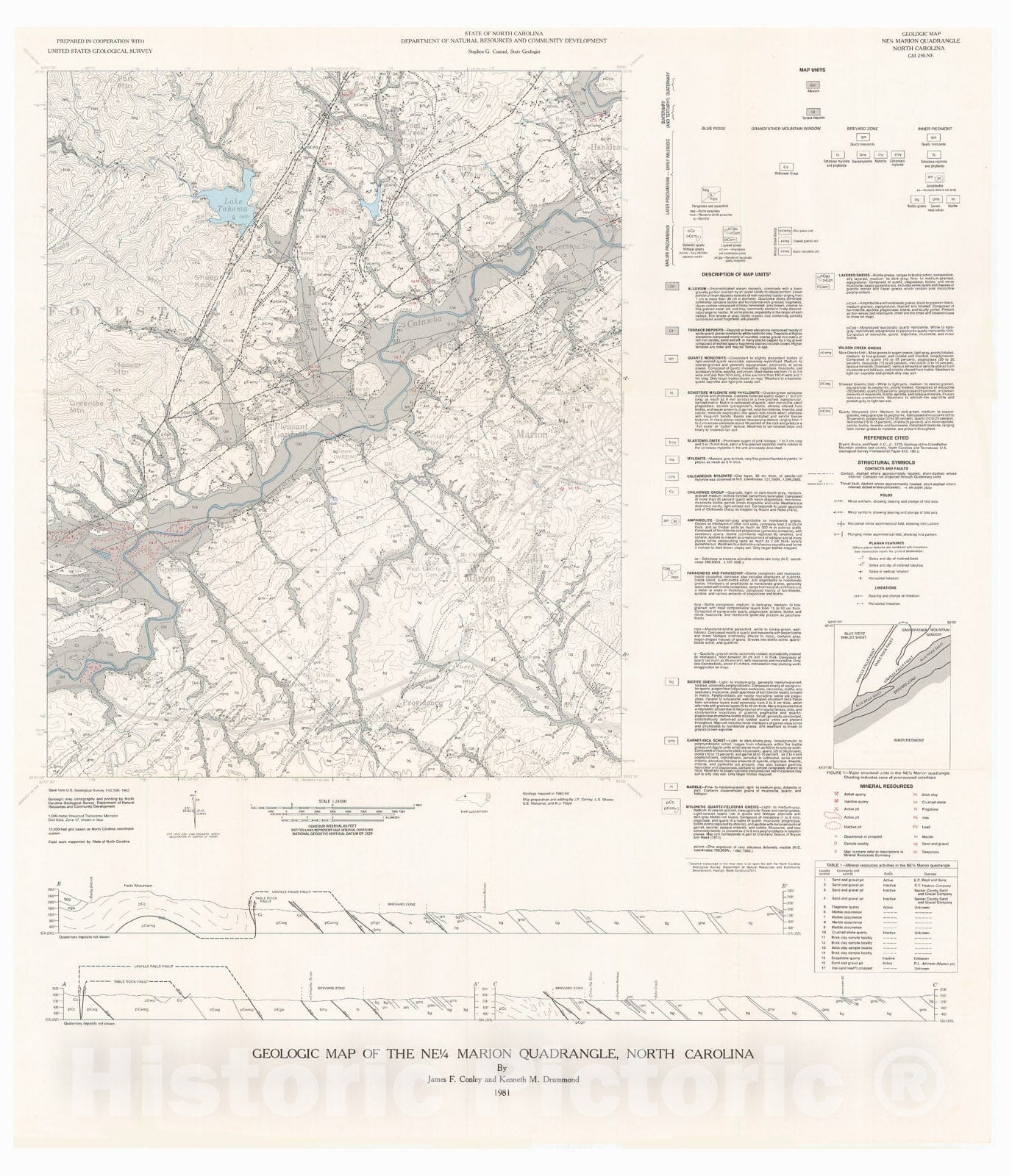 Map : Geologic map and mineral resource summary of the northeast 1/4 Marion quadrangle, North Carolina, 1981 Cartography Wall Art :