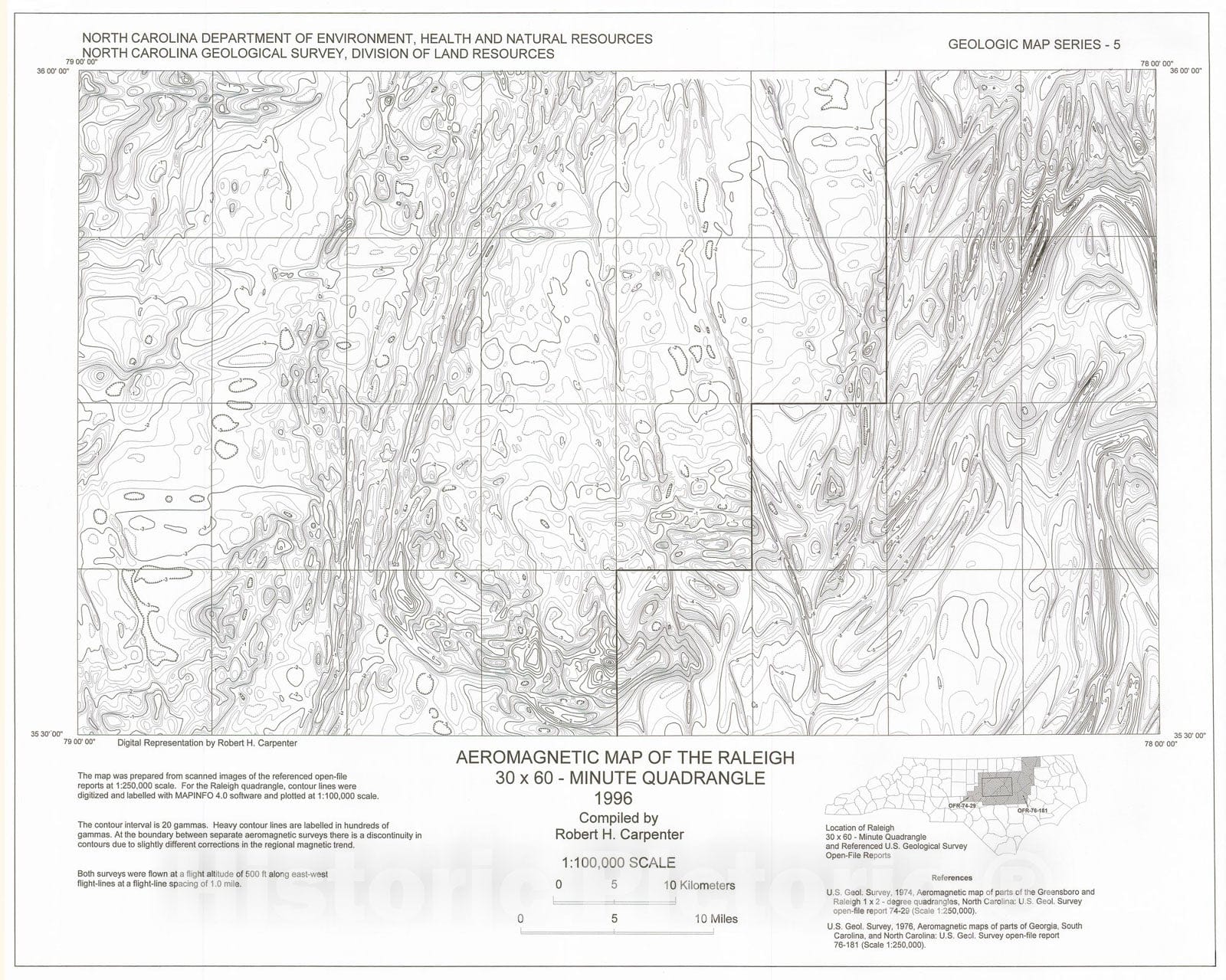 Map : Aeromagnetic map of the Raleigh thirty x 60-minute quadrangle, 1996 Cartography Wall Art :