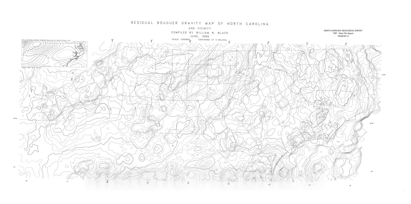 Map : Residual bouguer gravity map of North Carolina, 1986 Cartography Wall Art :