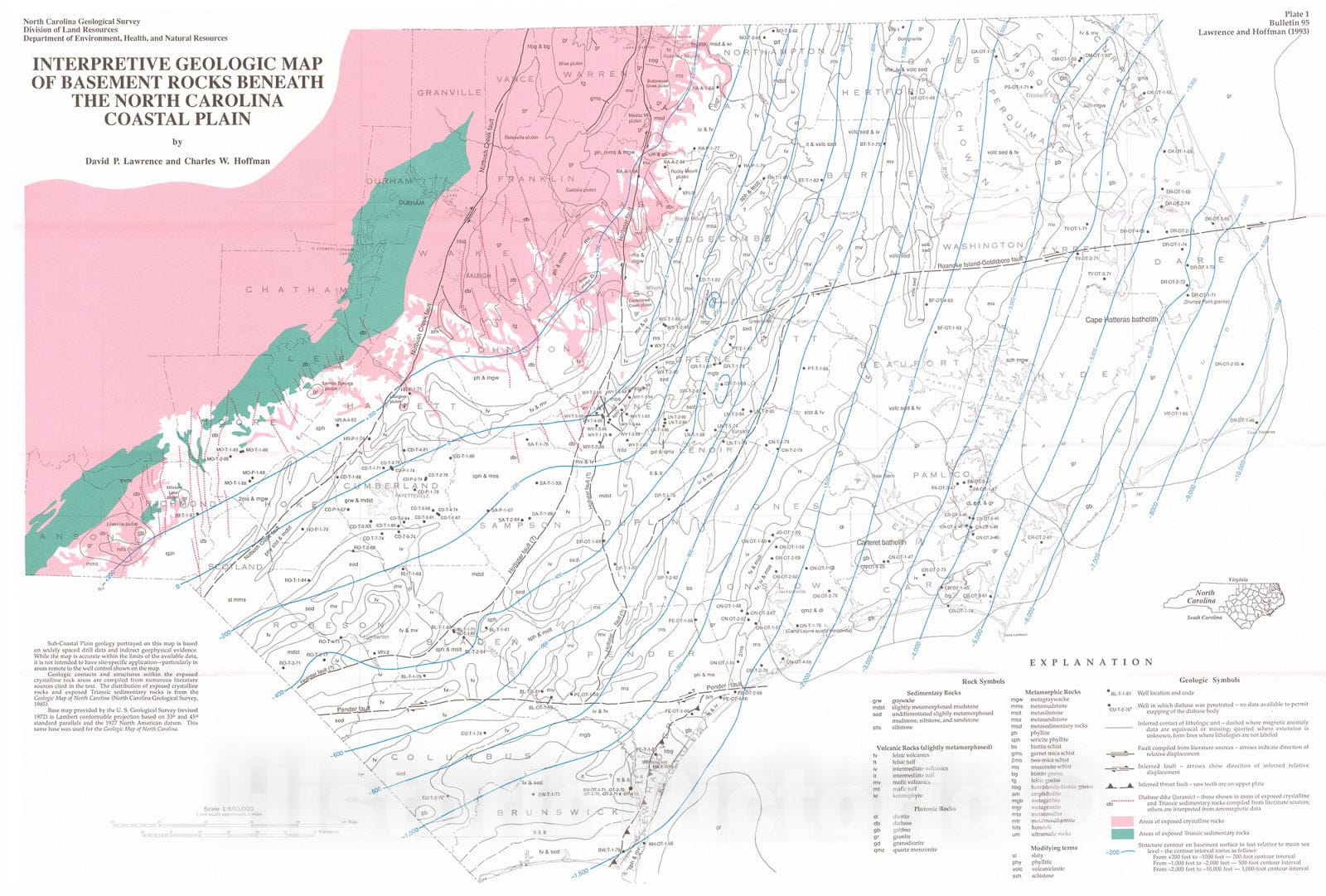 Map : Interpretive geologic map of basement rocks beneath the North Carolina coastal plain, 1993 Cartography Wall Art :