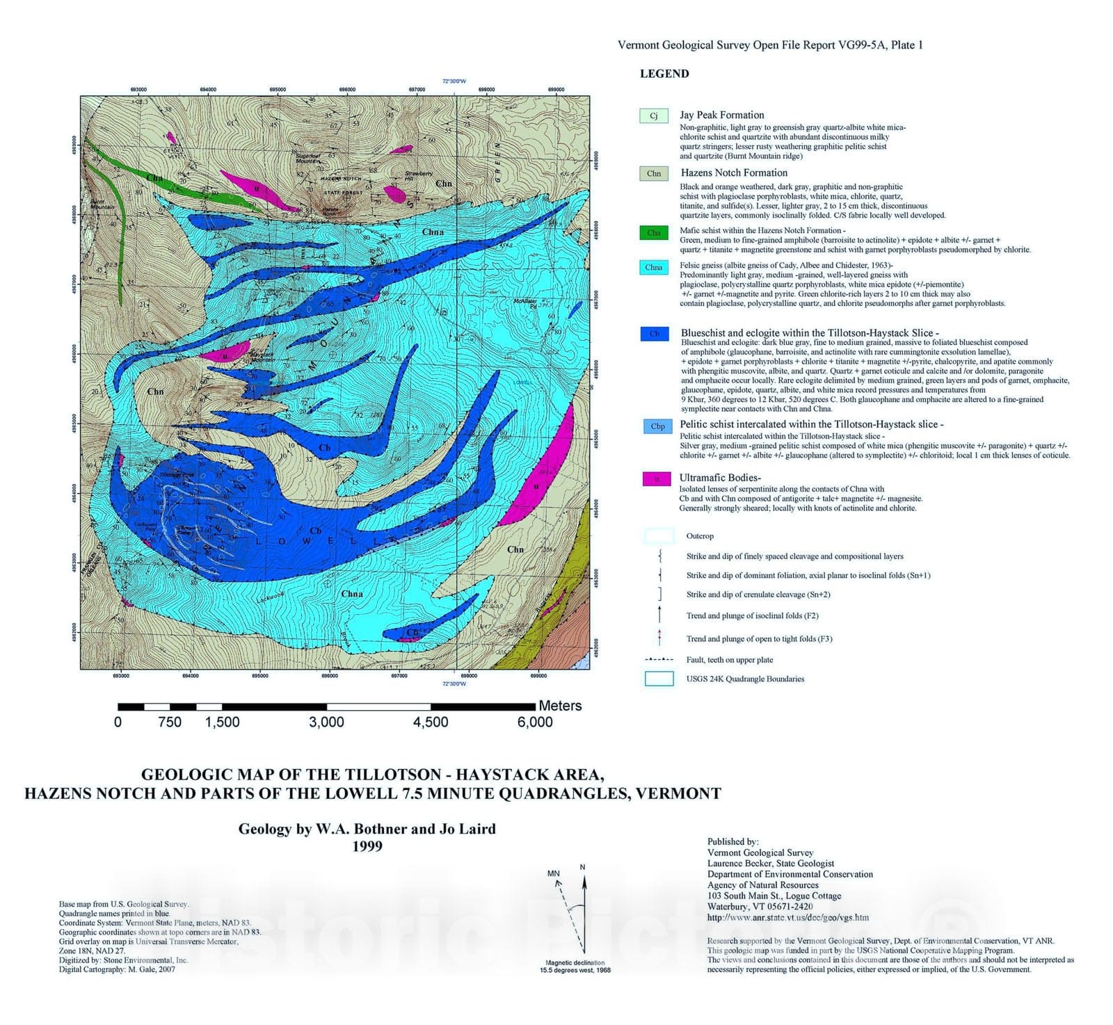 Map : Geologic map of the Tillotson-Haystack area, Hazens Notch and parts of the Lowell 7.5 minute quadrangles, Vermont, 1999 Cartography Wall Art :