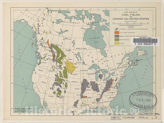 Map : Map showing coal fields in Canada and United States, 1946 Cartography Wall Art :