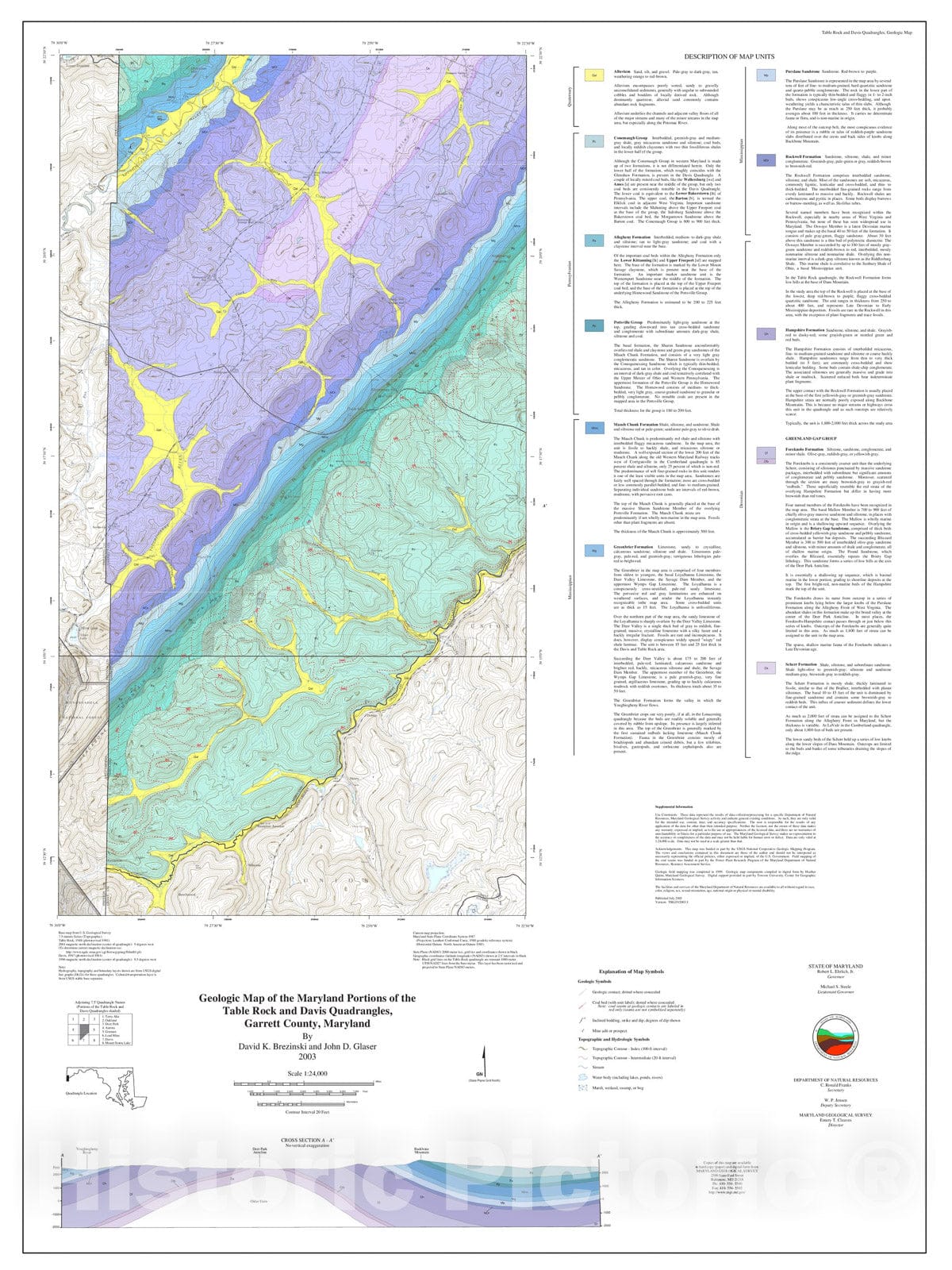 Map : Geologic map of the Maryland portions of the Table Rock and Davis quadrangles, Garrett County, Maryland, 2003 Cartography Wall Art :