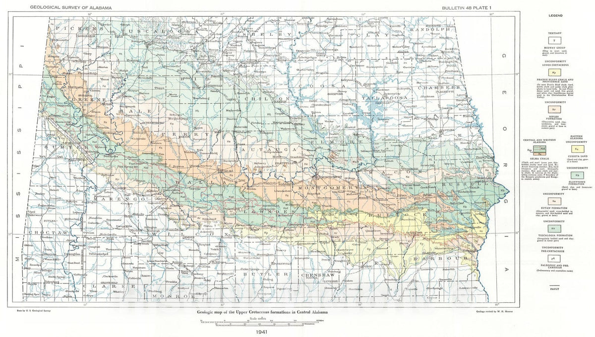 Map : Notes on deposits of Selma and Ripley age in Alabama, 1941 Cartography Wall Art :
