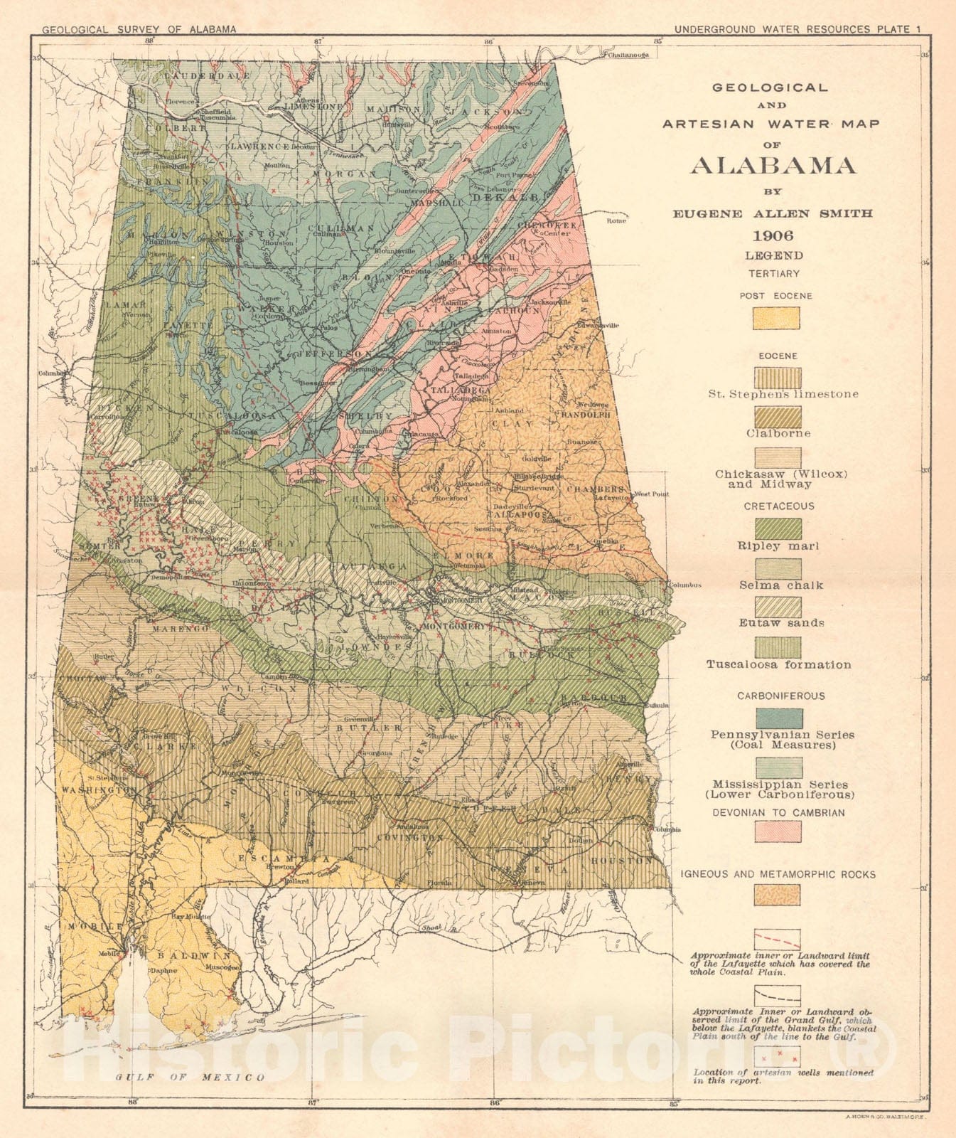 Map : The underground water resources of Alabama, 1907 Cartography Wall Art :