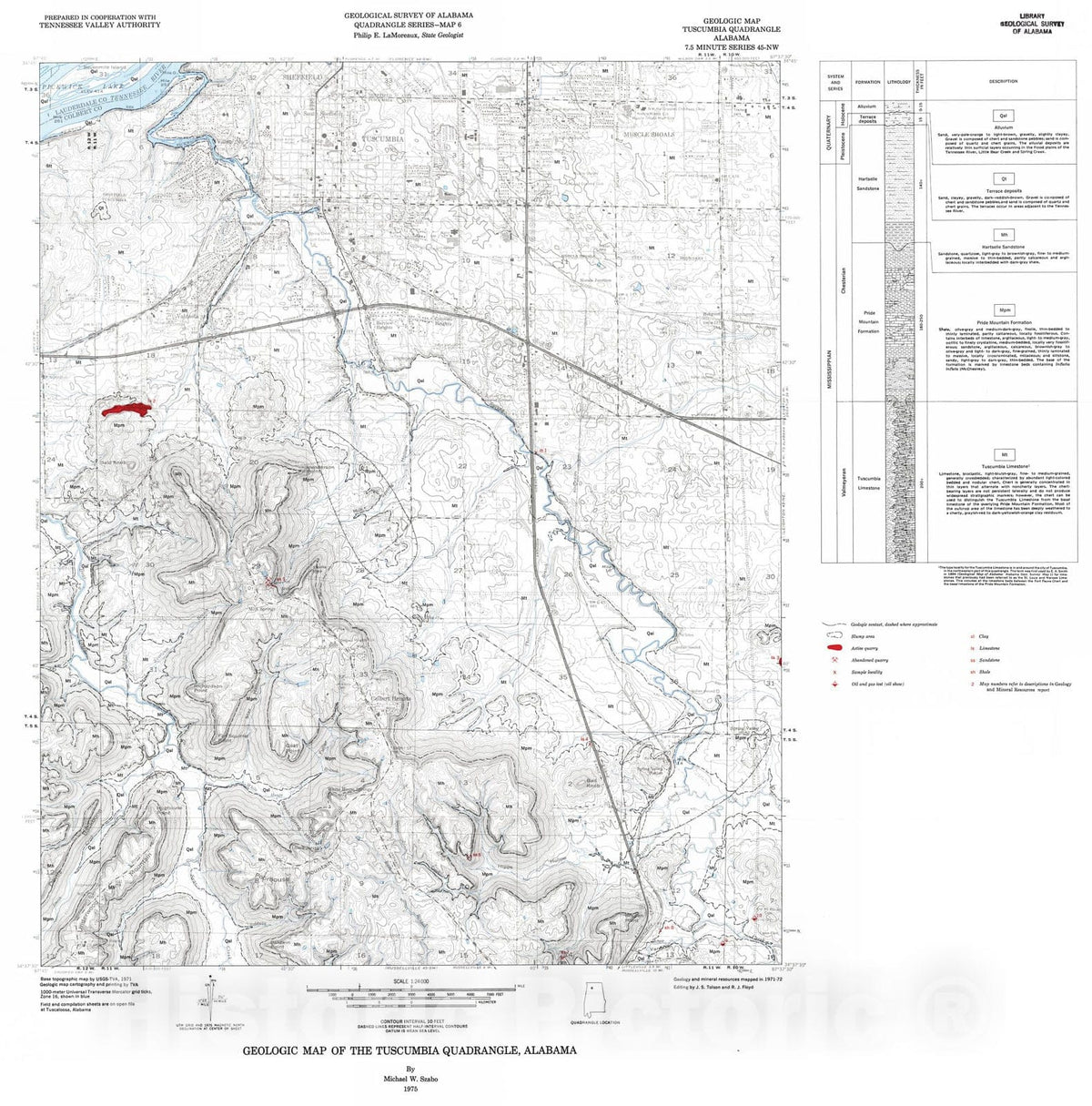 Map : Geology and mineral resources of the Tuscumbia quadrangle (Colbert Co.), Alabama, 1975 Cartography Wall Art :