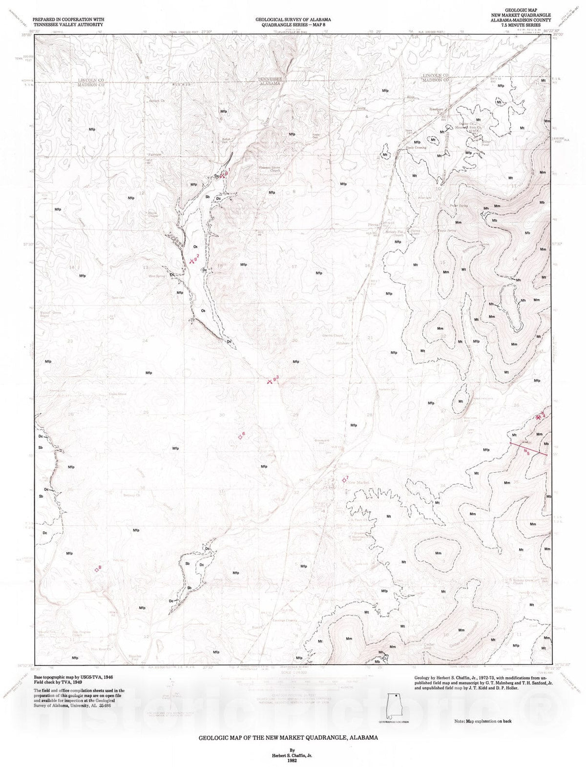 Map : Geology and mineral resources of the New Market quadrangle (Madison Co.), Alabama, 1982 Cartography Wall Art :