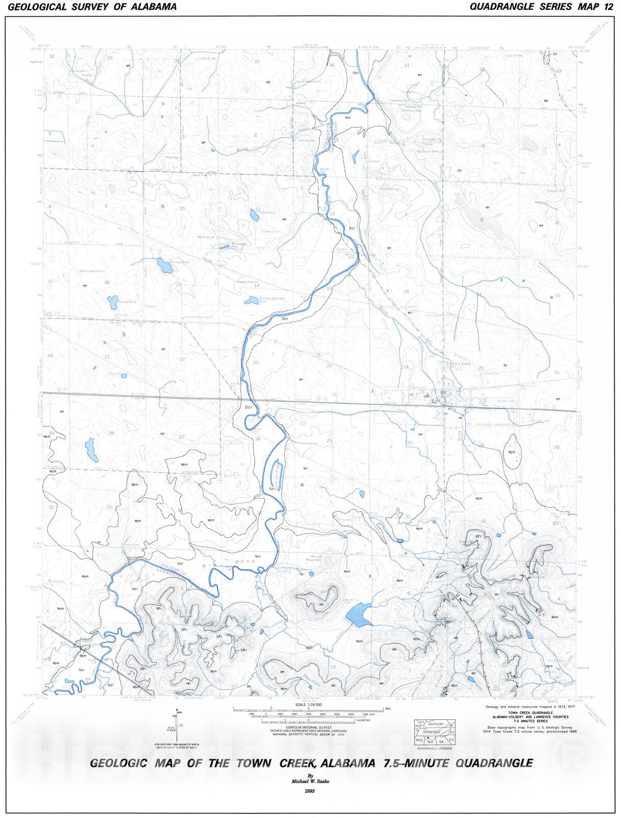 Map : Geology and mineral resources of the Town Creek quadrangle, (Colbert and Lawrence Cos.), Alabama, 1993 Cartography Wall Art :