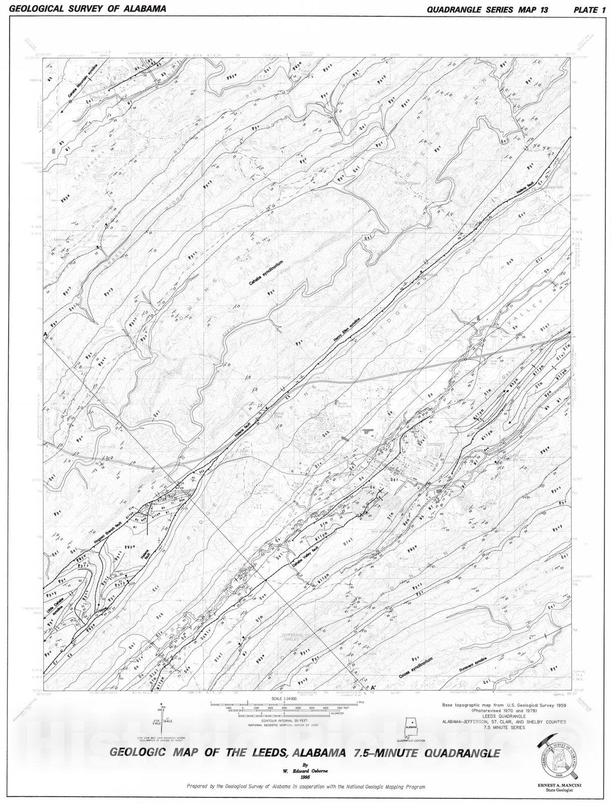 Map : Geology of the Leeds 7.5 minute-quadrangle, Jefferson, Shelby, and St. Clair Counties, Alabama, 1995 Cartography Wall Art :