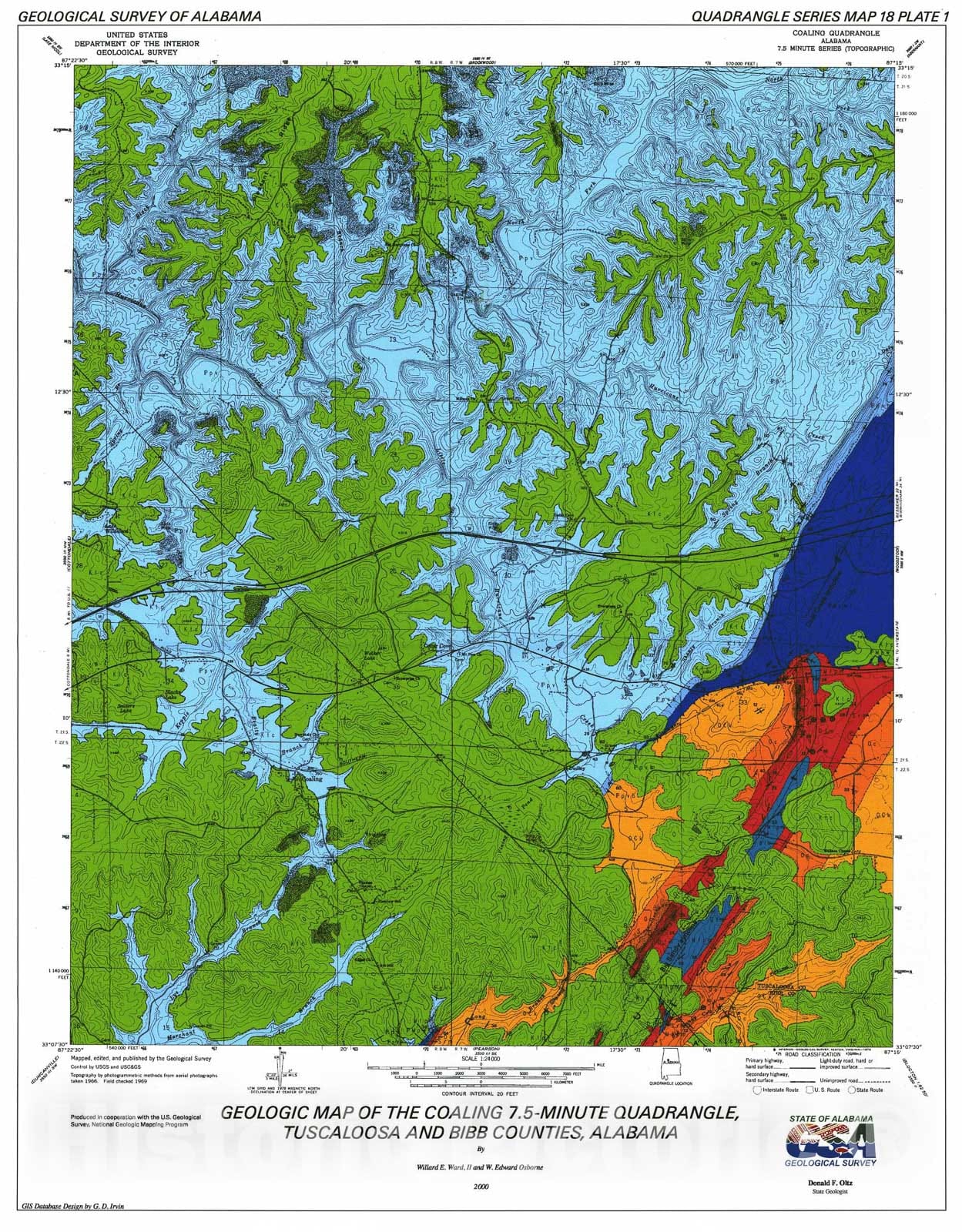 Map : Geology of the Coaling 7.5-minute quadrangle, Tuscaloosa and Bibb Counties, Alabama, 2000 Cartography Wall Art :