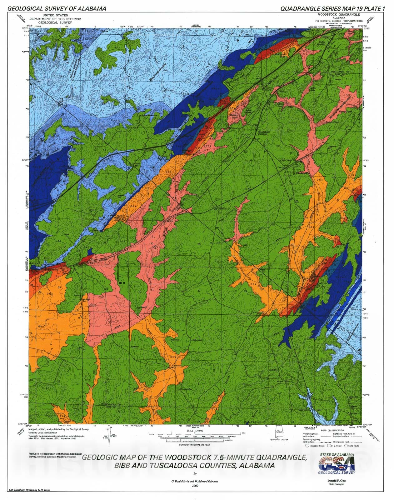 Map : Geology of the Woodstock 7.5-minute quadrangle, Bibb and Tuscaloosa Counties, Alabama, 2000 Cartography Wall Art :
