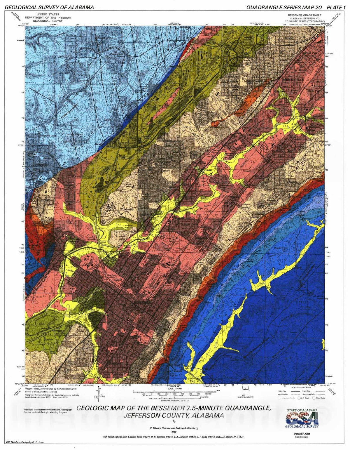 Map : Geology of the Bessemer 7.5-minute quadrangle, Jefferson County, Alabama, 2001 Cartography Wall Art :