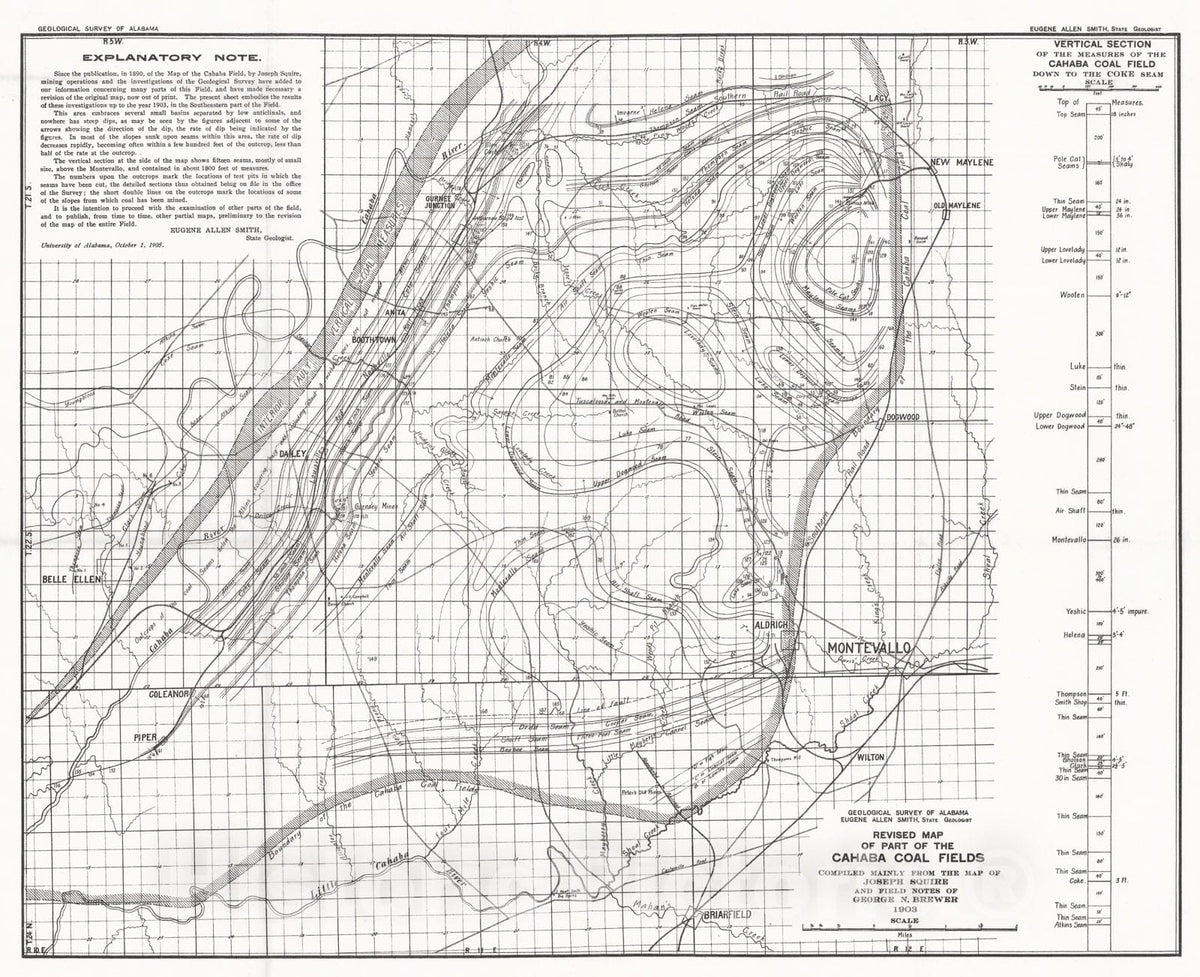 Map : Revised map of part of the Cahaba coal field, 1905 Cartography Wall Art :