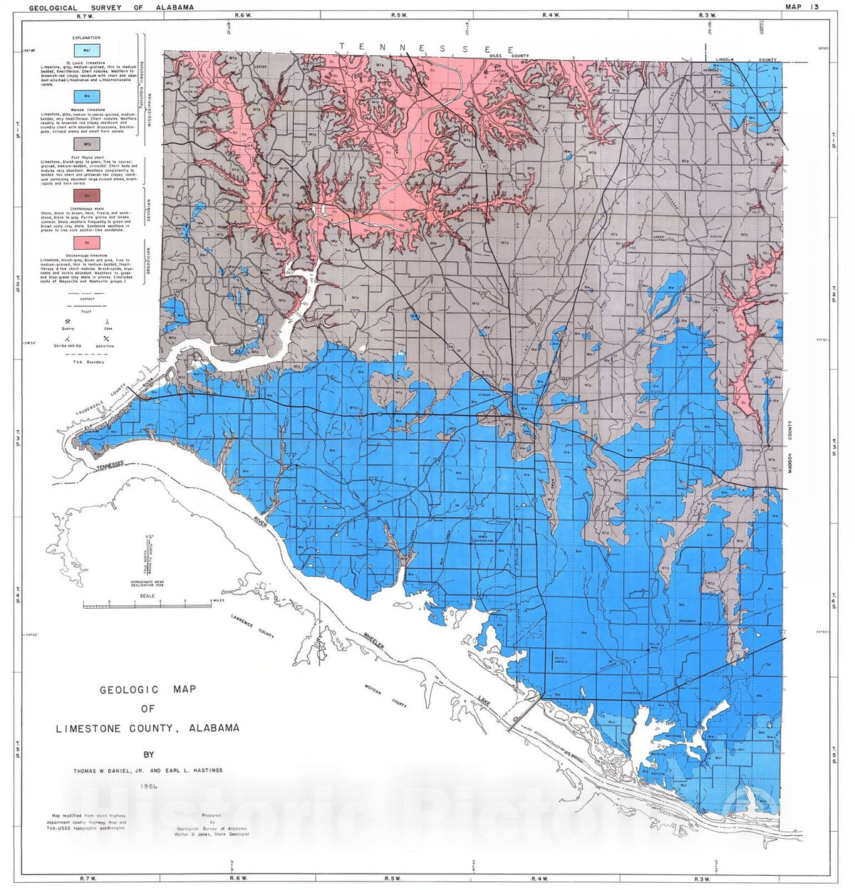 Map : Geologic map of Limestone County, Alabama, 1960 Cartography Wall Art :