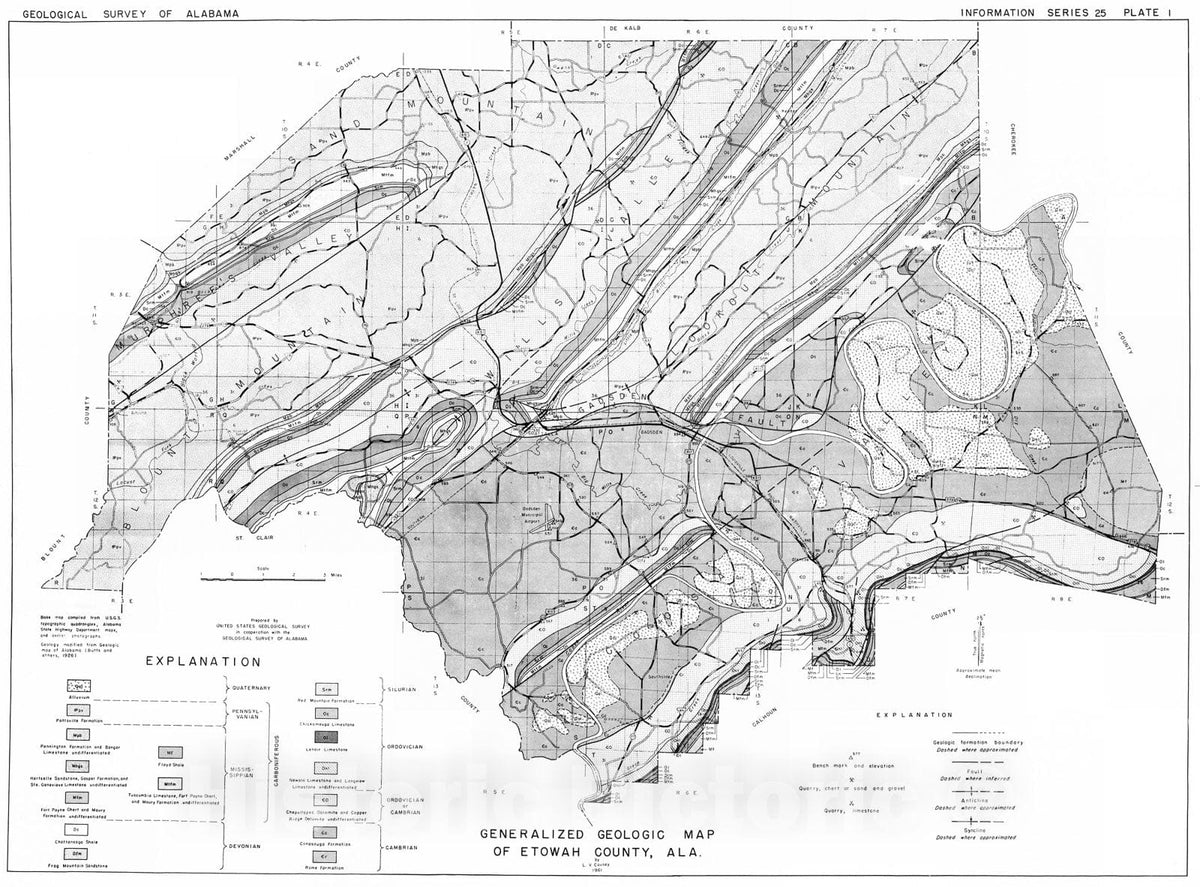 Map : Geologic map of Etowah County, Alabama, 1961 Cartography Wall Art :
