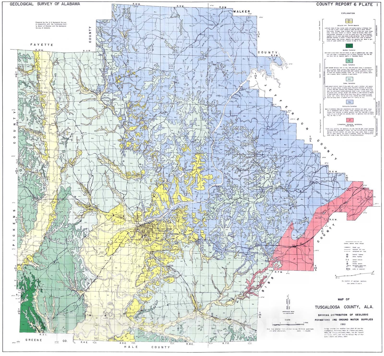 Map : Geologic map of Tuscaloosa County, Alabama, 1961 Cartography Wall Art :