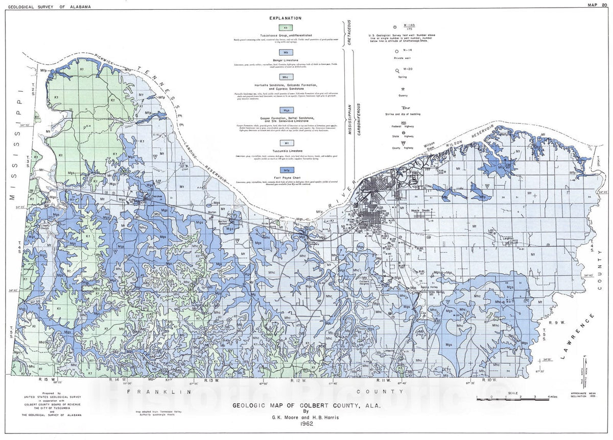 Map : Geologic map of Colbert County, Alabama, 1962 Cartography Wall Art :