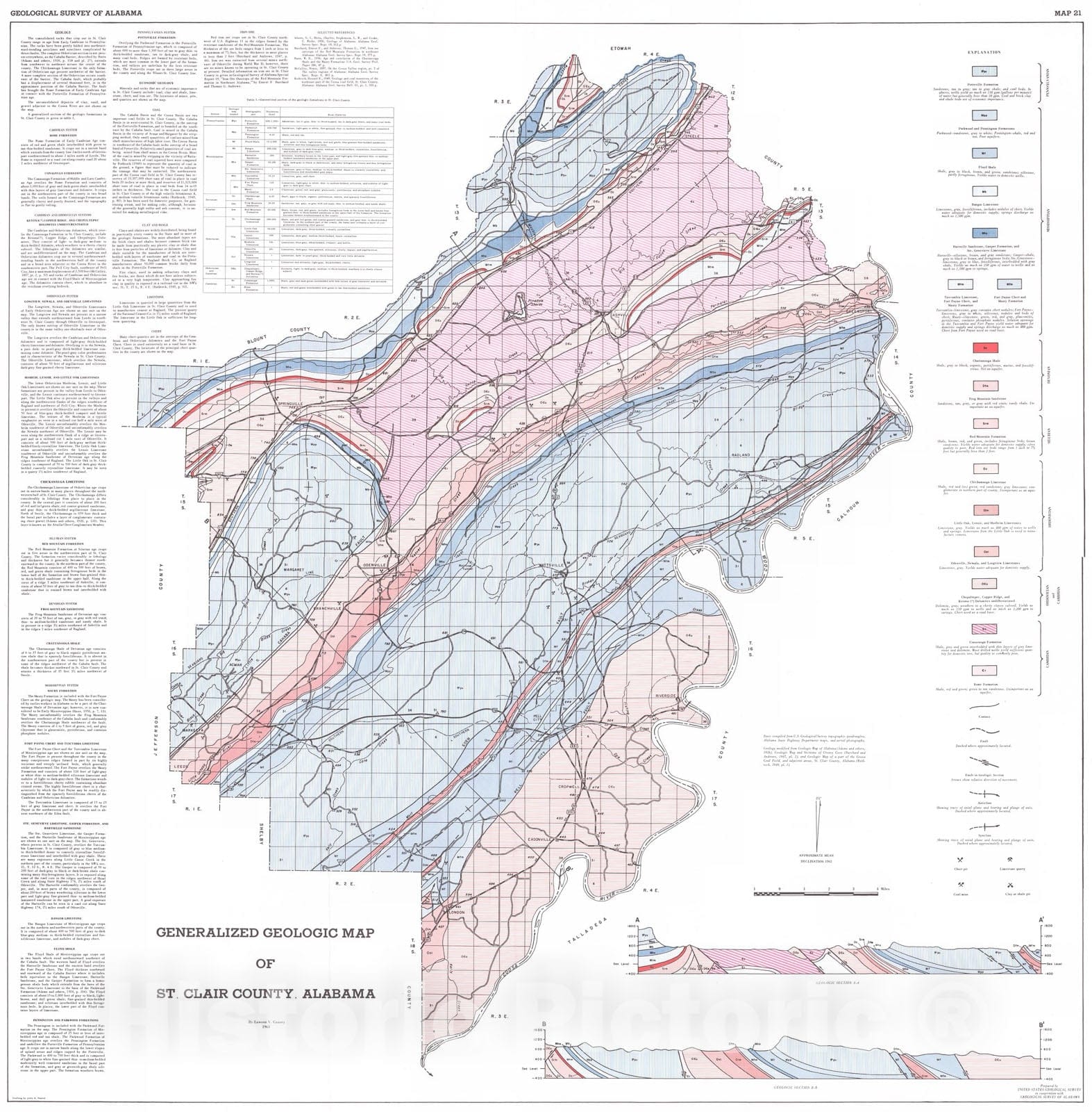 Map : Geologic map of St. Clair County, Alabama, 1963 Cartography Wall Art :