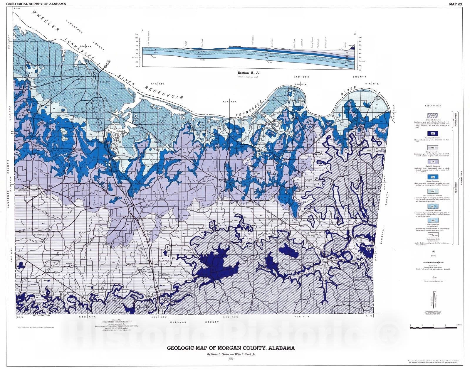 Map : Geologic map of Morgan County, Alabama, 1963 Cartography Wall Art :