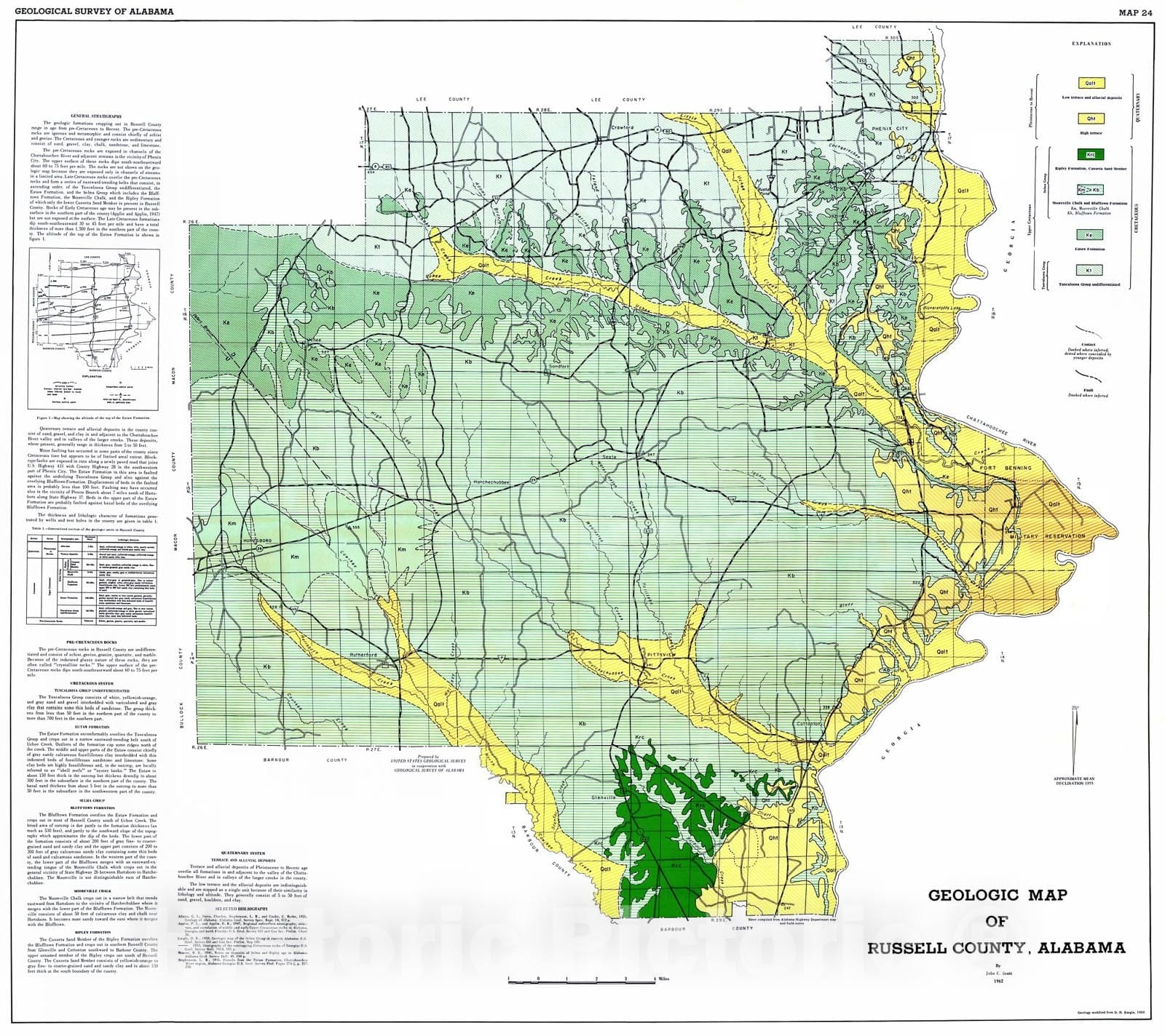 Map : Geologic map of Russell County, Alabama, 1962 Cartography Wall Art :