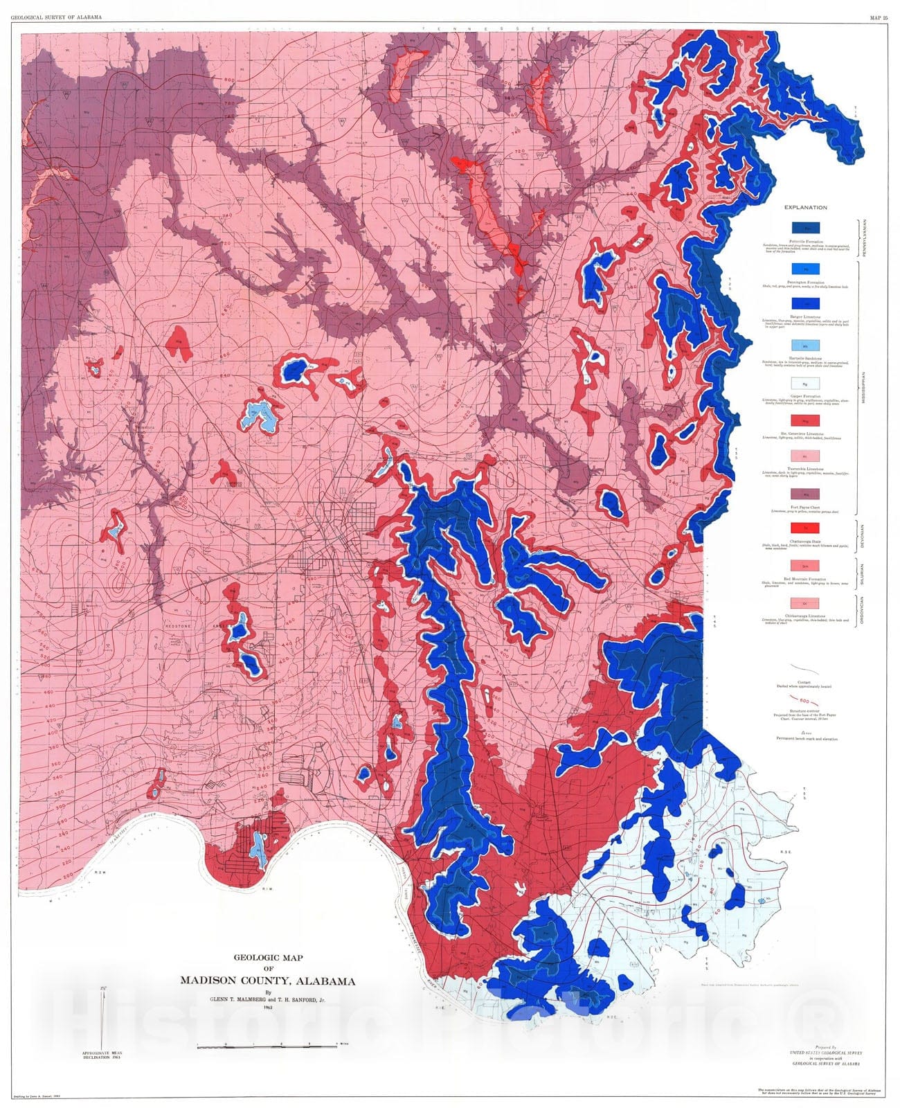 Map : Geologic map of Madison County, Alabama, 1963 Cartography Wall Art :