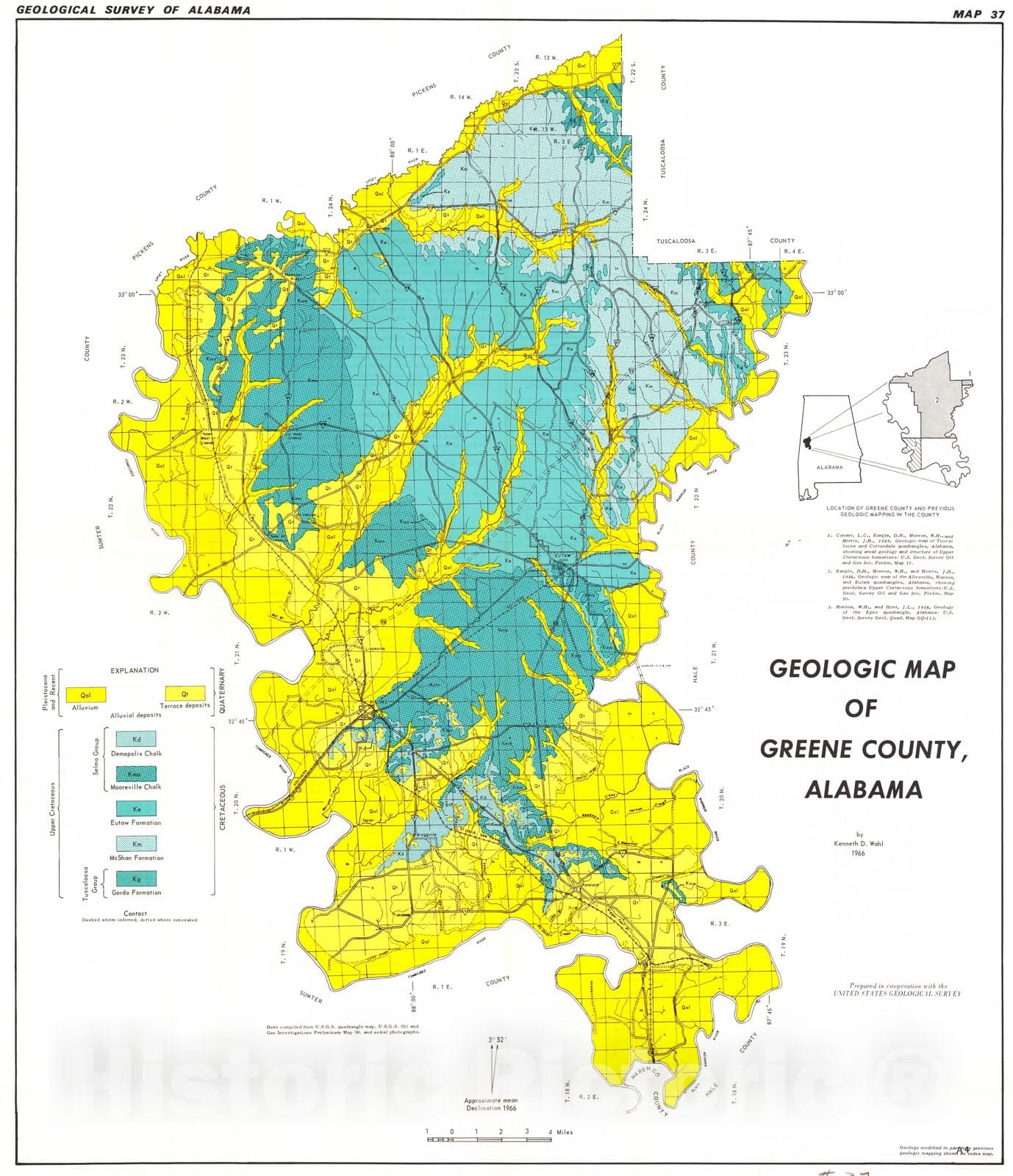 Map : Geologic map of Greene County, Alabama, 1966 Cartography Wall Art :