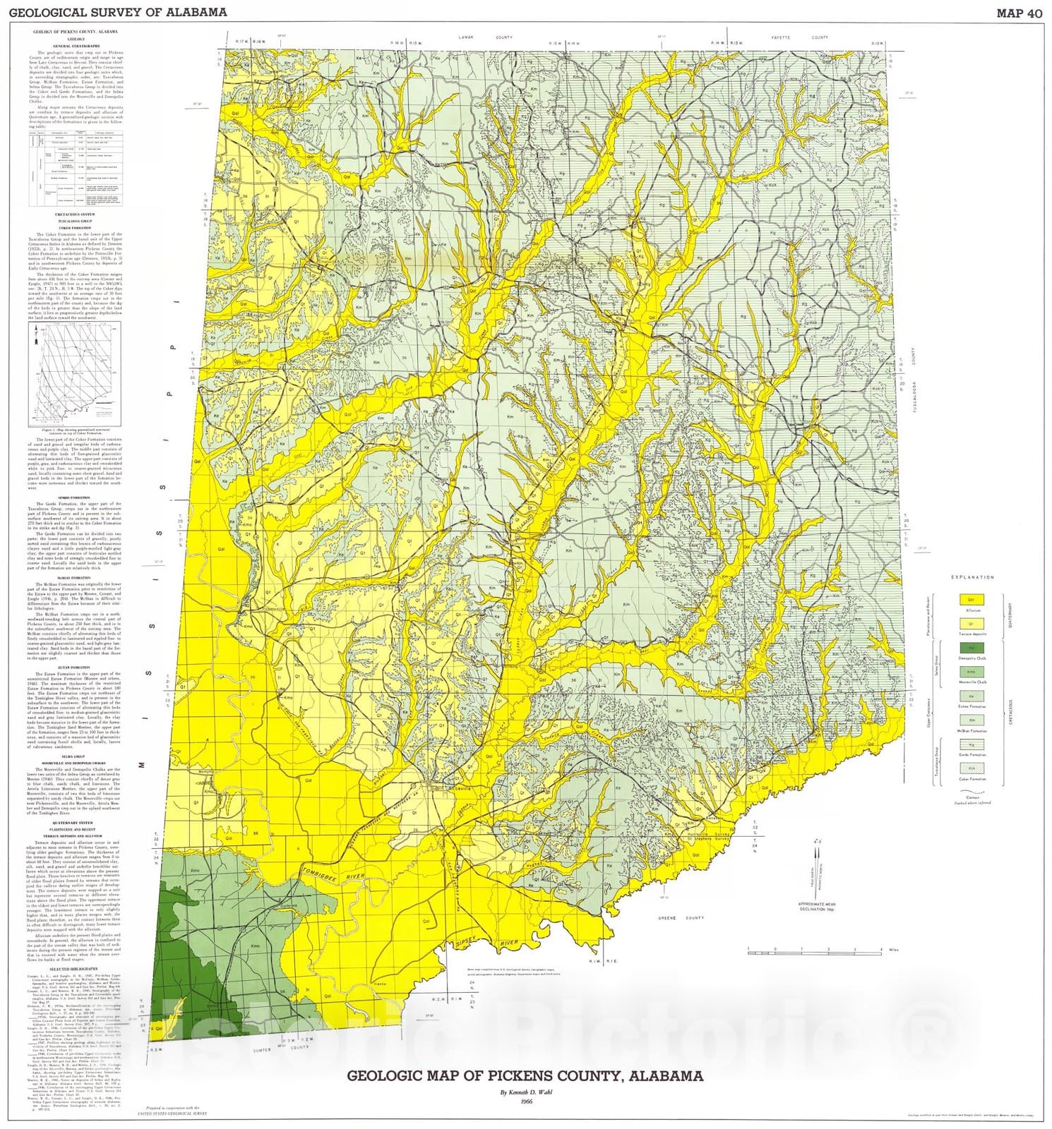 Map : Geologic map of Pickens County, Alabama, 1966 Cartography Wall Art :