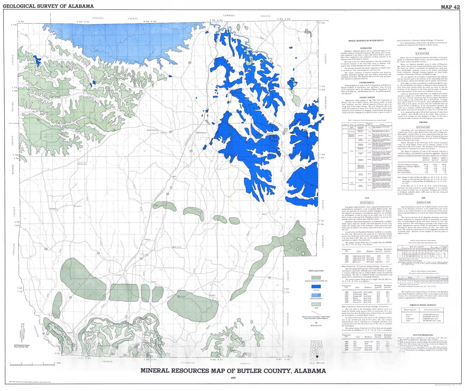 Map : Mineral resources map of Butler County, Alabama, 1966 Cartography Wall Art :