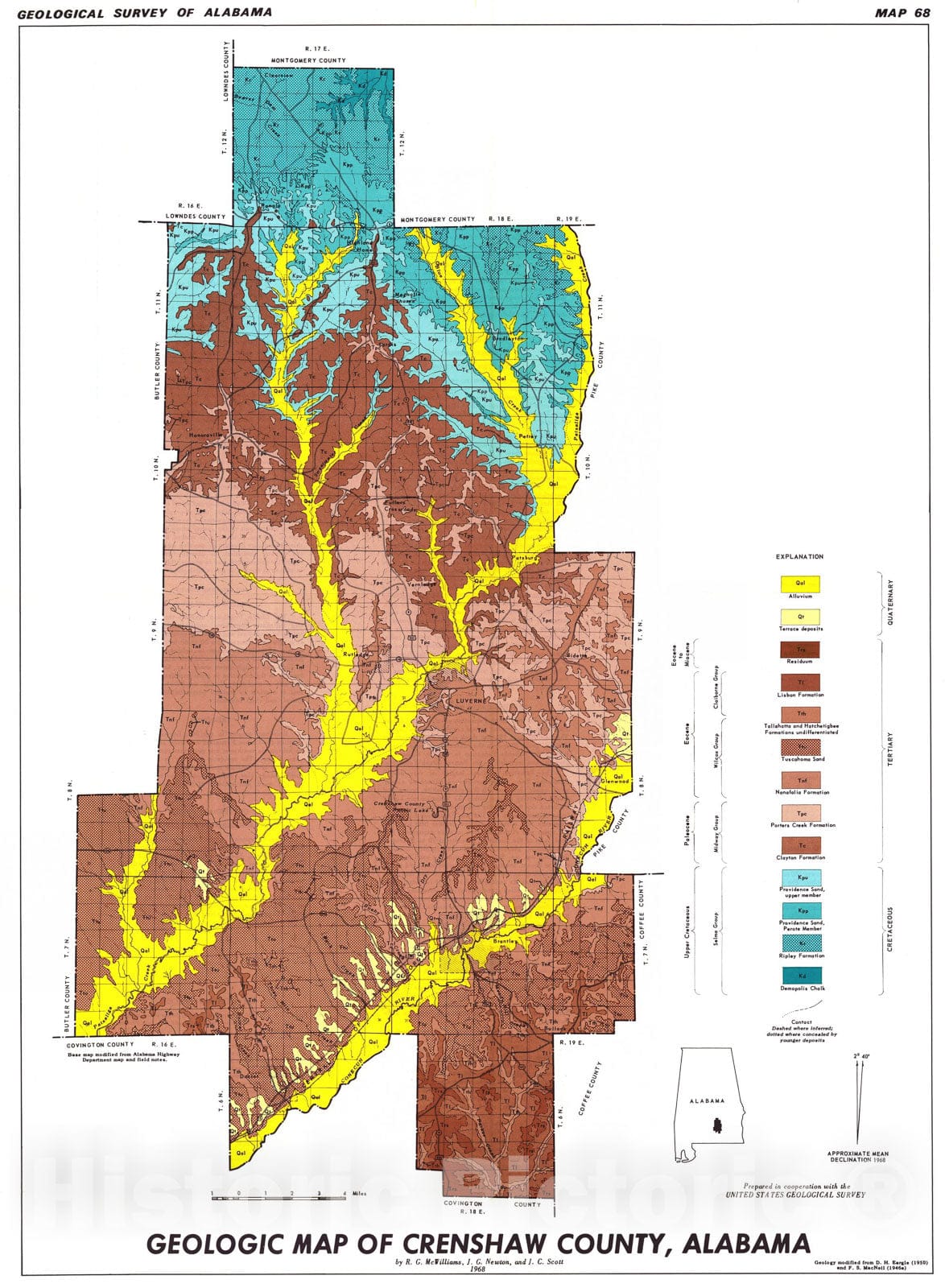 Map : Geologic map of Crenshaw County, Alabama, 1968 Cartography Wall Art :