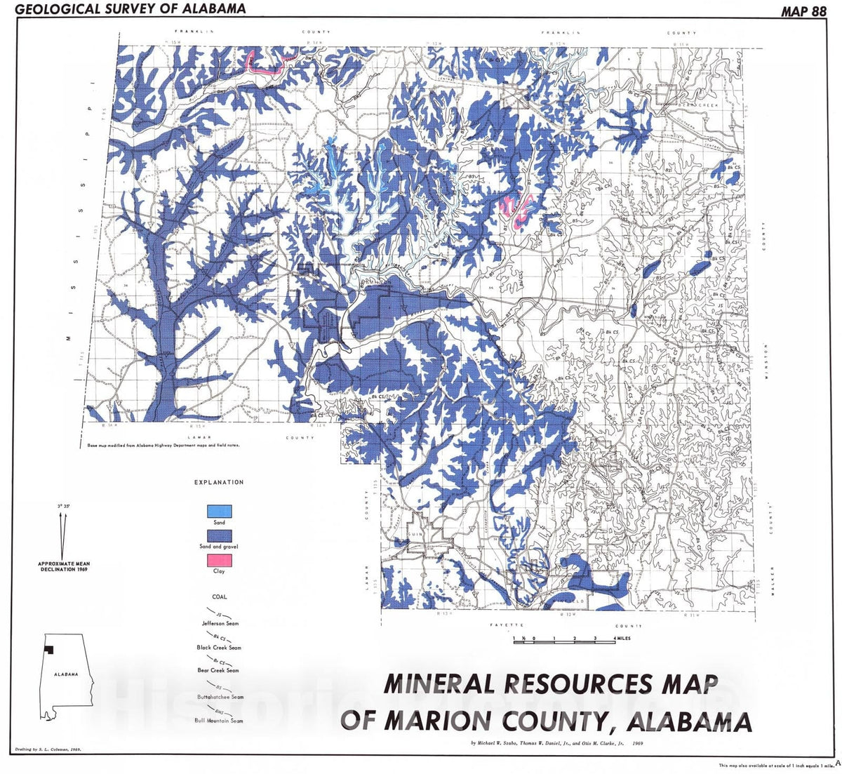 Map : Mineral resources of Marion County, Alabama, 1969 Cartography Wall Art :