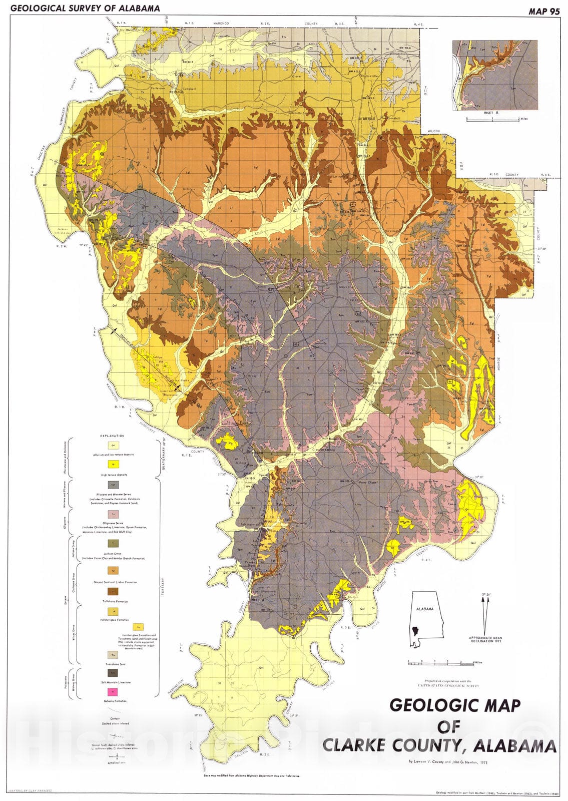 Map : Geologic map of Clarke County, Alabama, 1971 Cartography Wall Art :