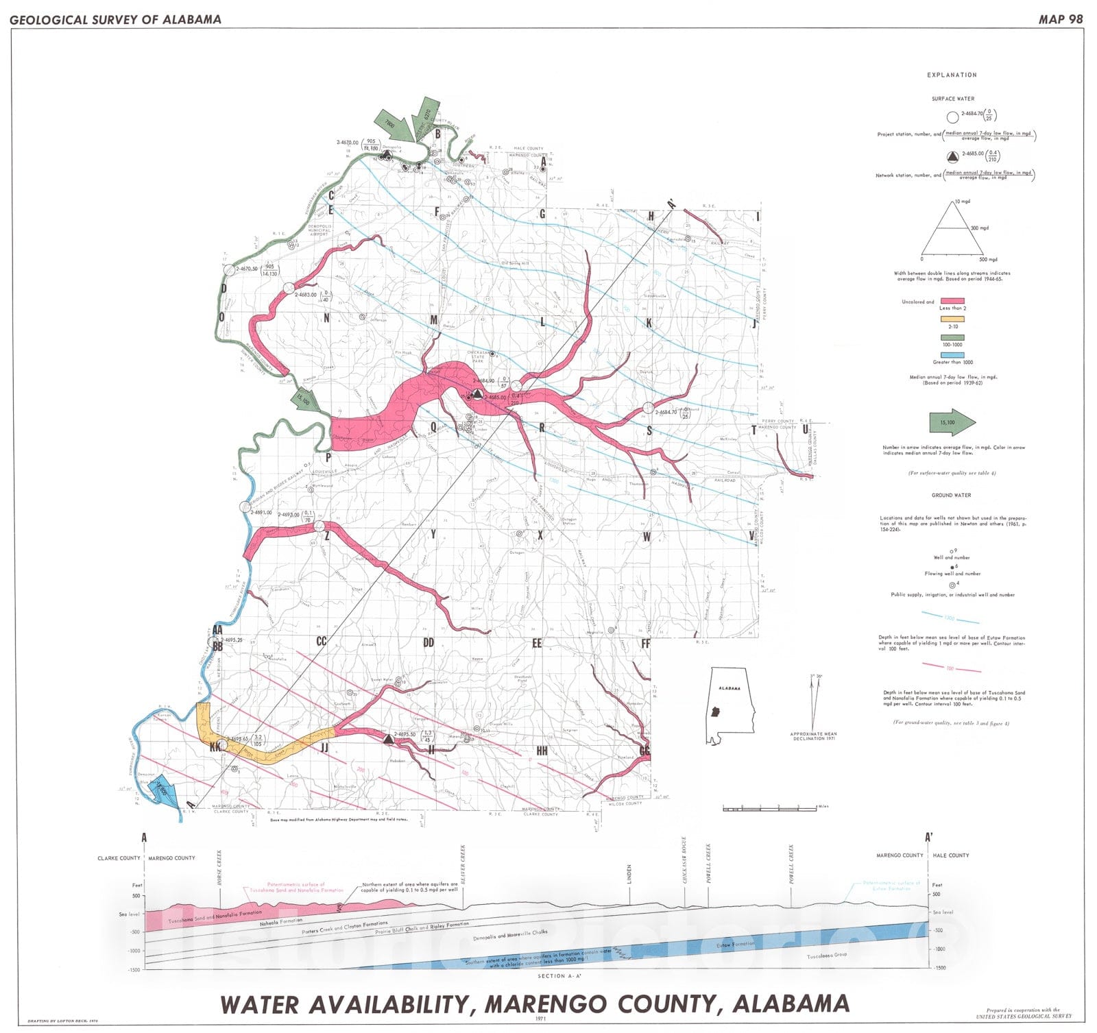 Map : Water availability map of Marengo County, Alabama, 1971 Cartography Wall Art :