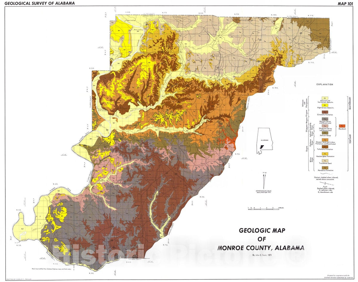 Map : Geologic map of Monroe County, Alabama, 1971 Cartography Wall Art :