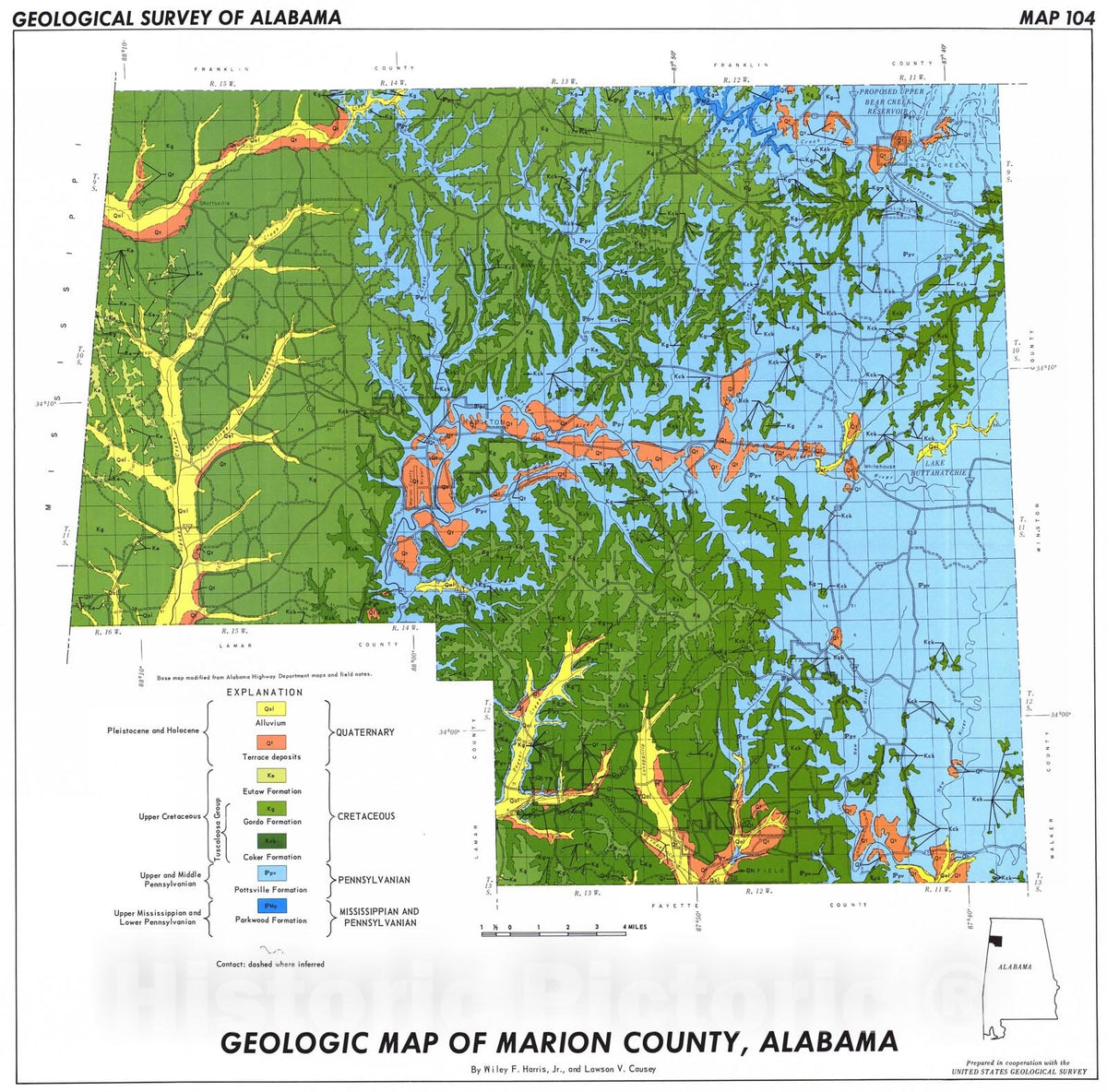 Map : Geologic map of Marion County, Alabama, 1973 Cartography Wall Art :
