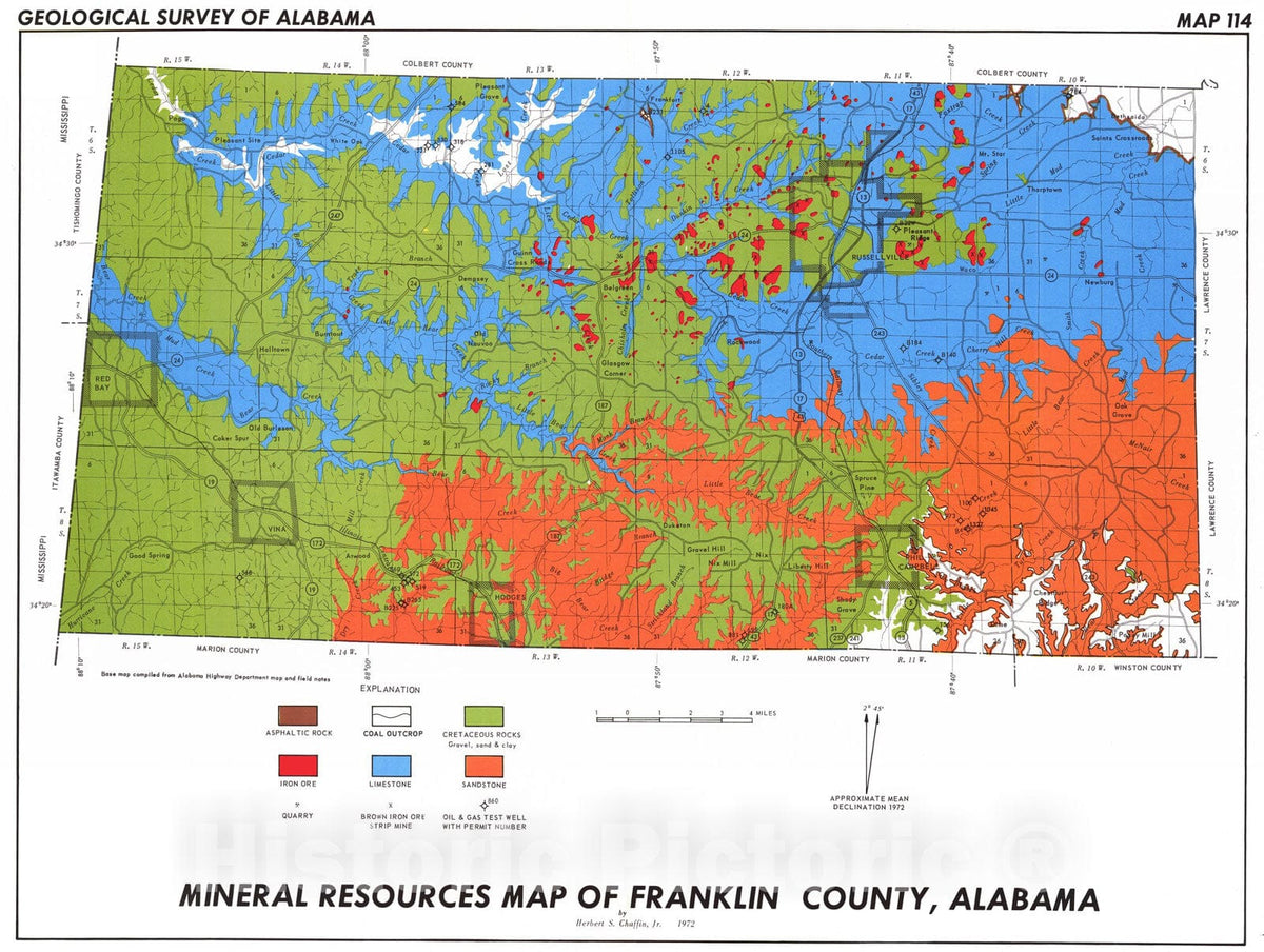 Map : Mineral resources of Franklin County, Alabama, 1972 Cartography Wall Art :