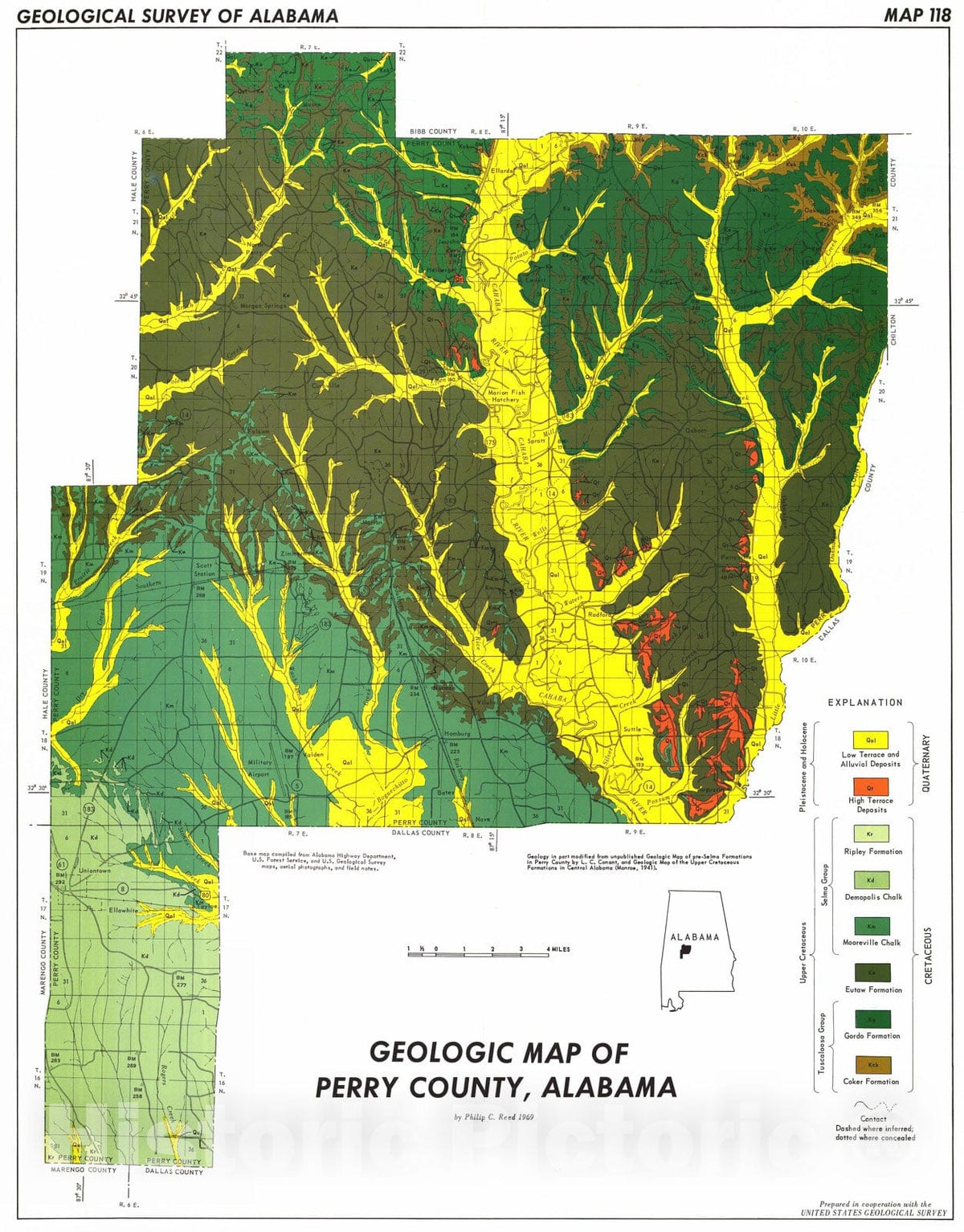 Map : Geology of Perry County, Alabama, 1972 Cartography Wall Art :