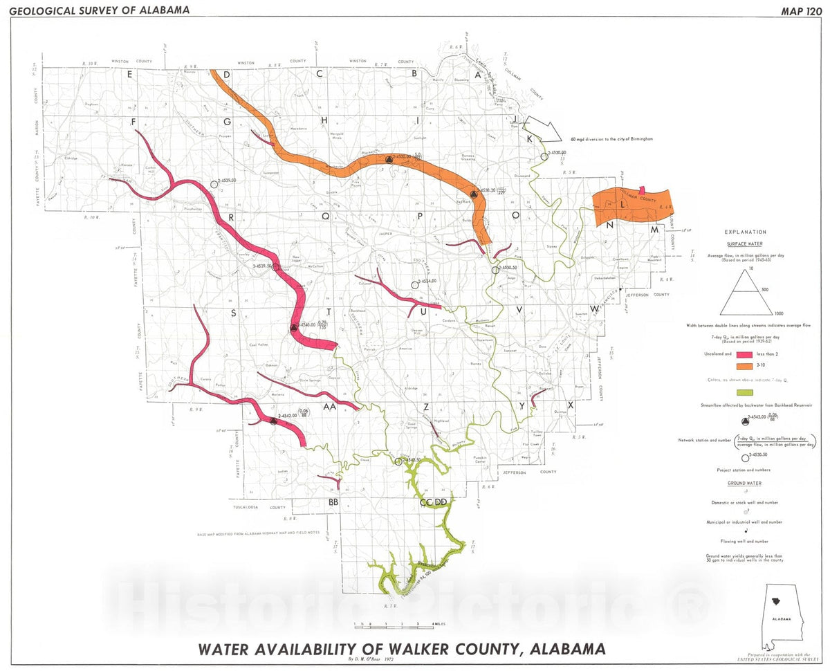 Map : Water availability and geology of Walker County, Alabama, 1972 Cartography Wall Art :