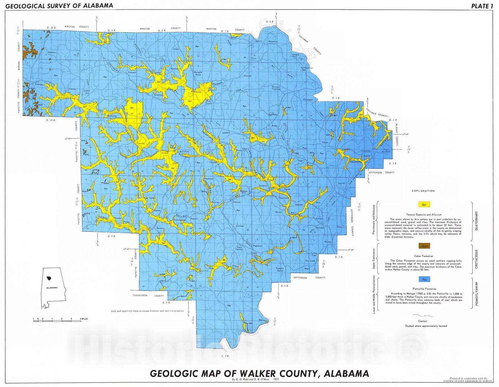 Map : Geology of Walker County, Alabama, 1972 Cartography Wall Art :