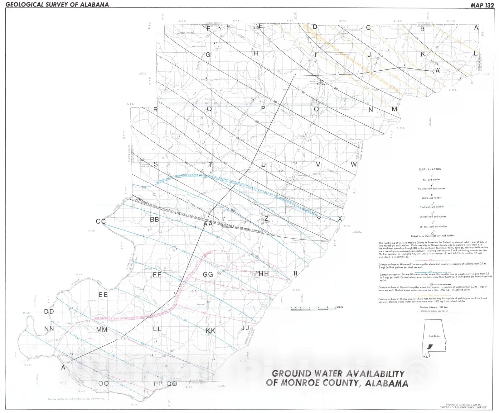 Map : Water availability of Monroe County, Alabama, 1972 Cartography Wall Art :