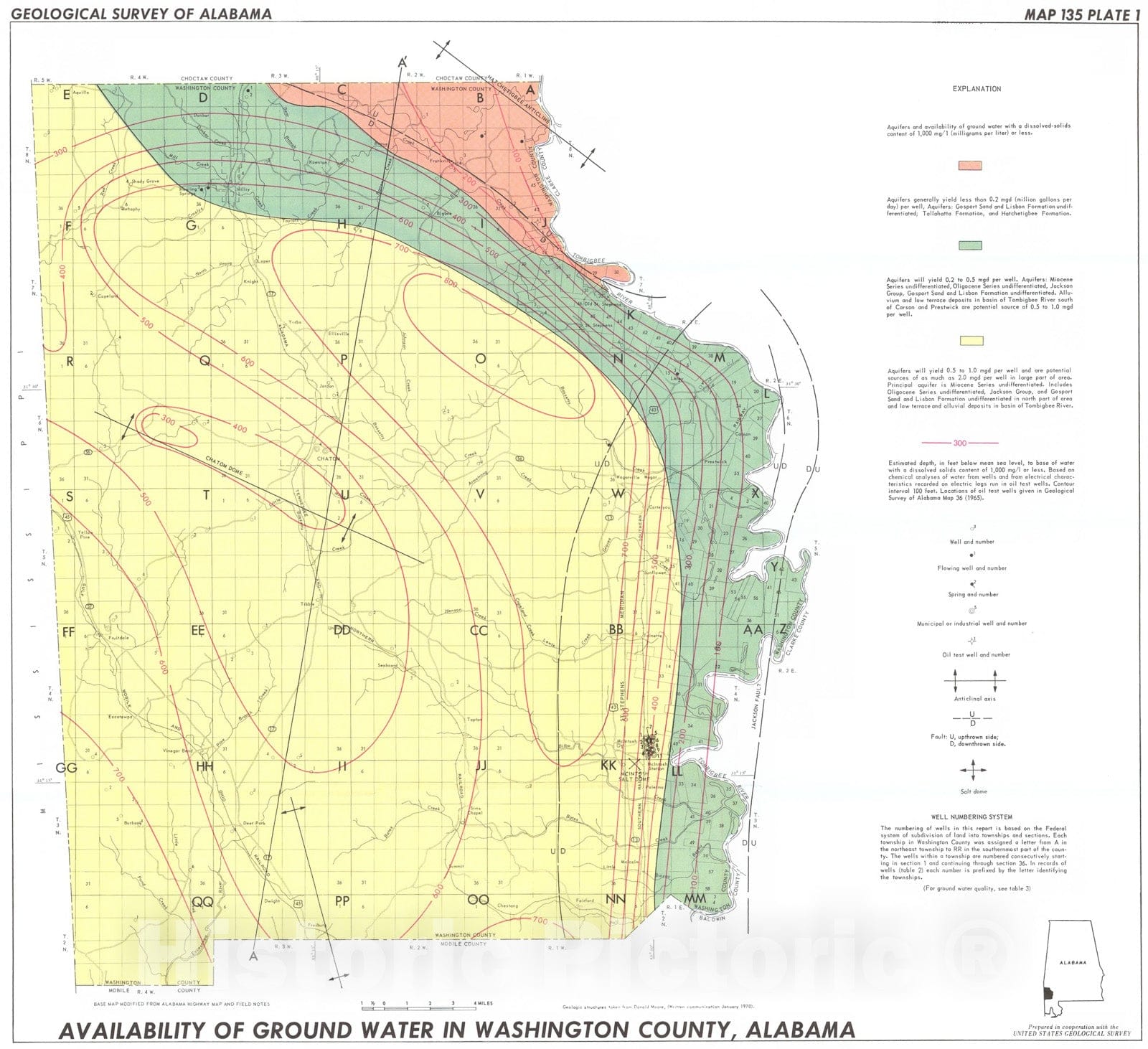 Map : Water availability of Washington County, Alabama, 1972 Cartography Wall Art :
