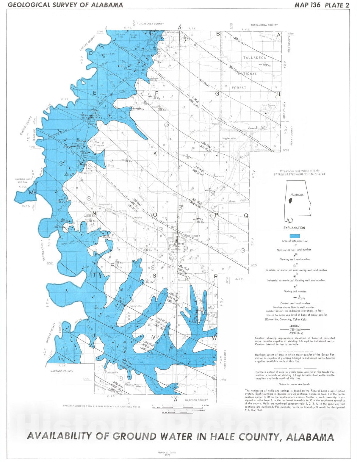 Map : Water availability and geology of Hale County, Alabama, 1975 Cartography Wall Art :