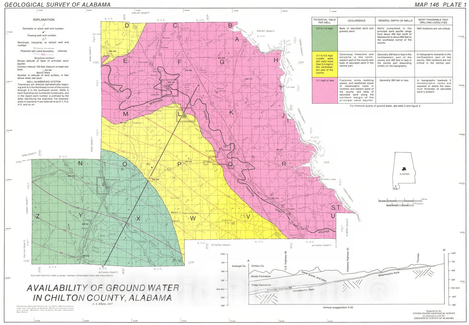 Map : Water availability in Chilton County, Alabama, 1980 Cartography Wall Art :
