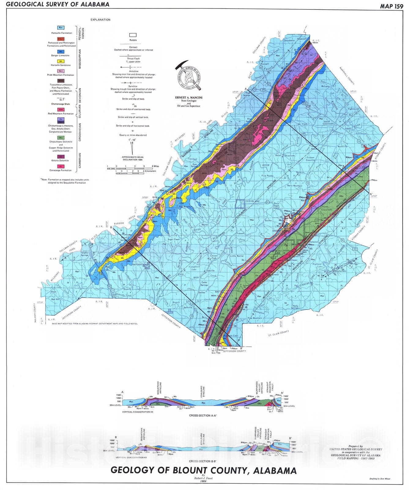 Map : Geology of Blount County, Alabama, 1984 Cartography Wall Art :