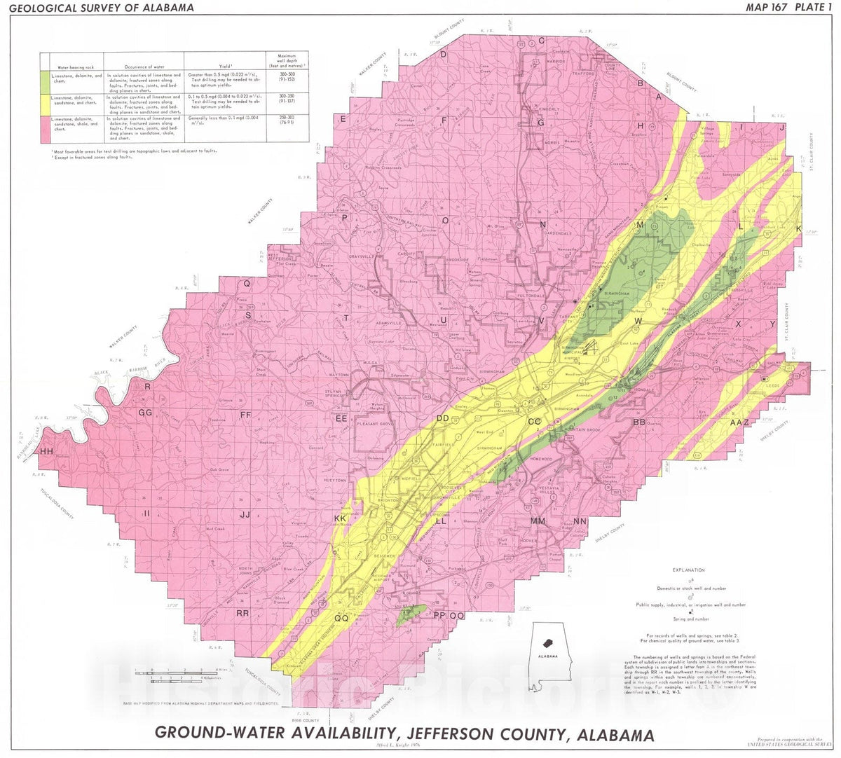 Map : Water availability, Jefferson County, Alabama, 1976 Cartography Wall Art :