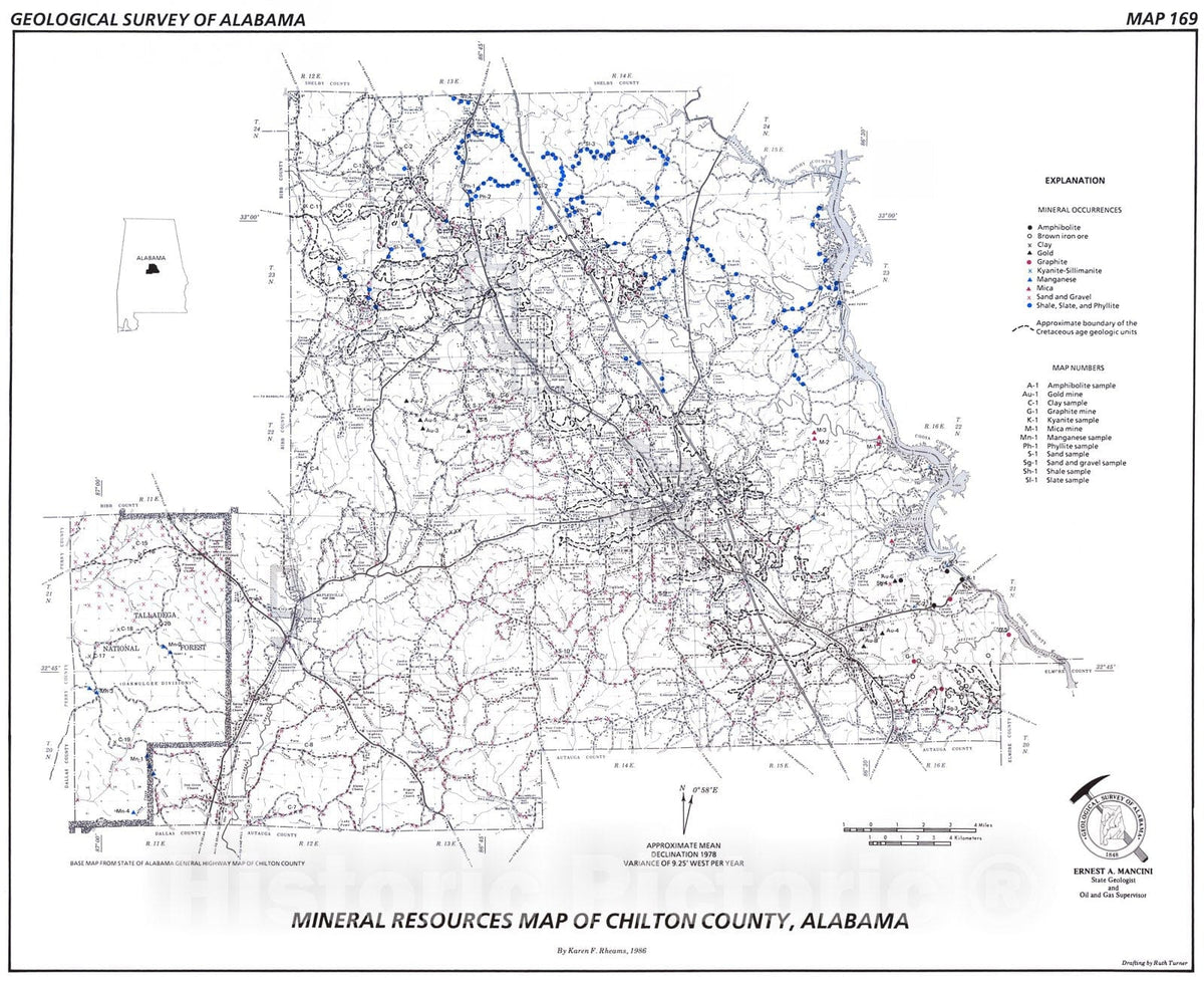 Map : Mineral resources of Chilton County, Alabama, 1986 Cartography Wall Art :