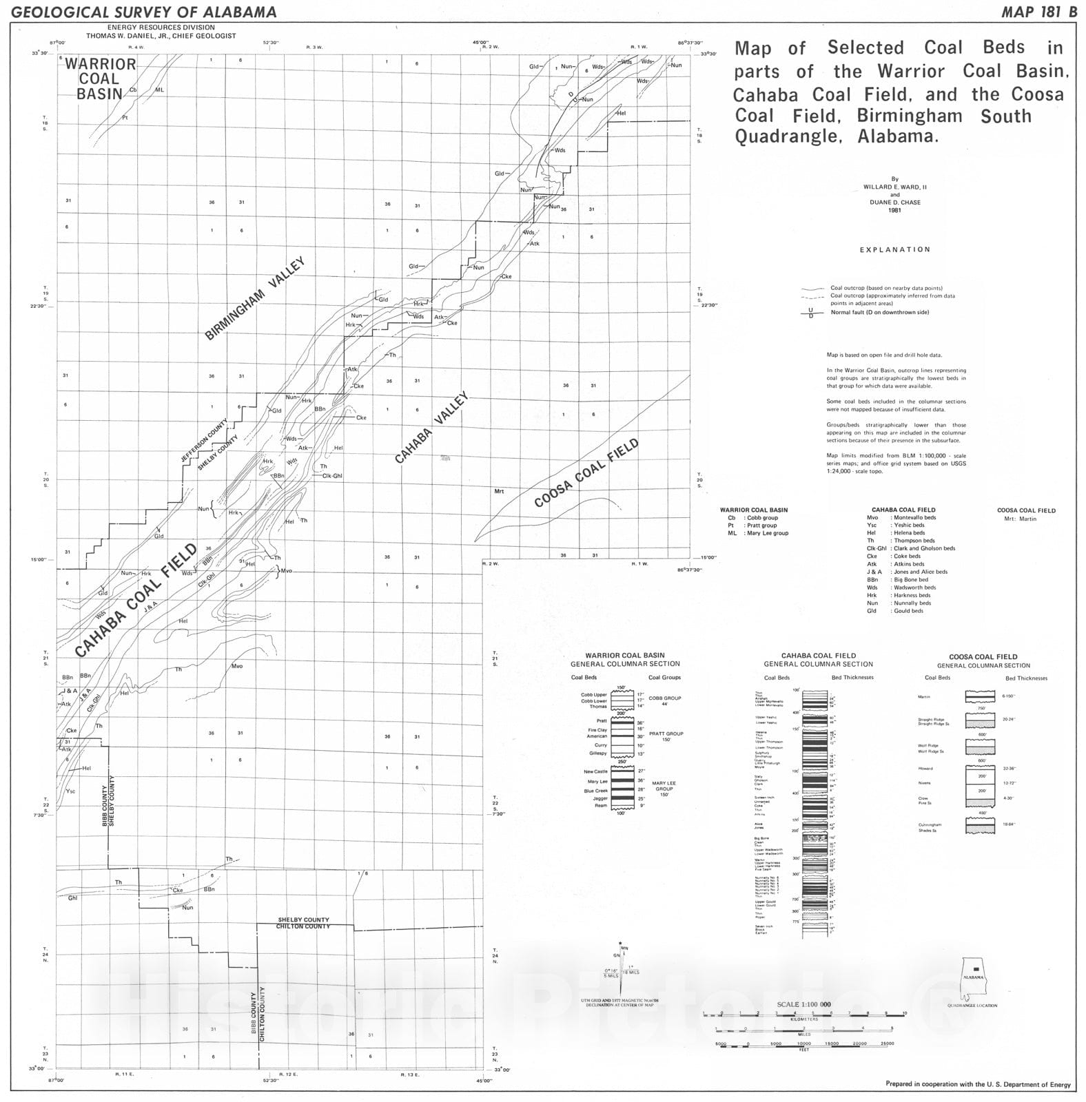 Map : Map of selected coal beds in parts of the Warrior coal basin, Cahaba coal field, and the Coosa coal field, Birmingham South Quadrangle, Alabama, 1981 Cartography Wall Art :