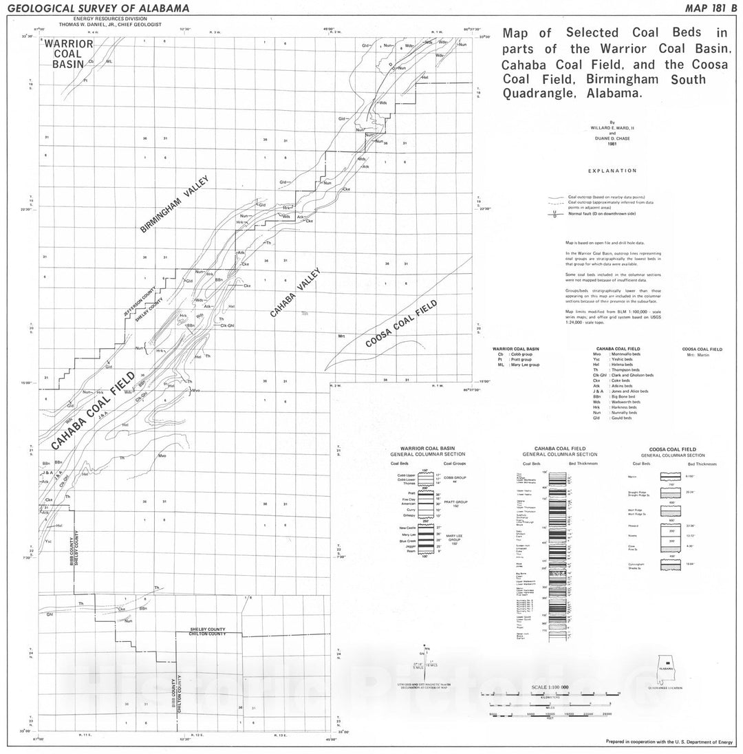 Map : Map of selected coal beds in parts of the Warrior coal basin, Cahaba coal field, and the Coosa coal field, Birmingham South Quadrangle, Alabama, 1981 Cartography Wall Art :