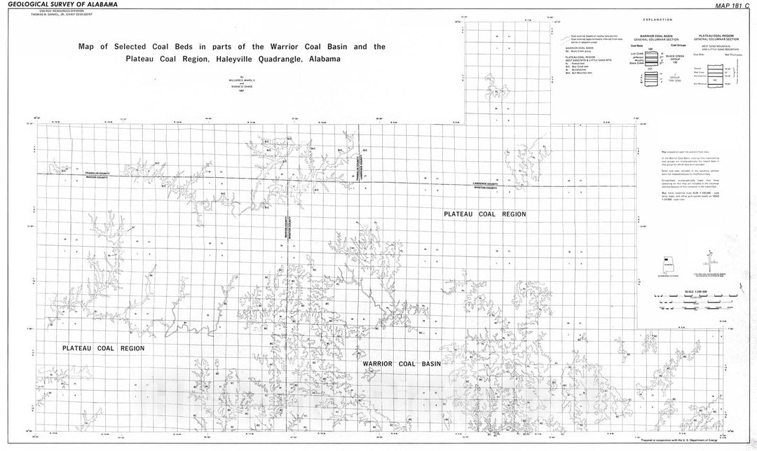 Map : Map of selected coal beds in parts of the Warrior coal basin and the Plateau coal region, Haneyville Quadrangle, Alabama, 1981 Cartography Wall Art :