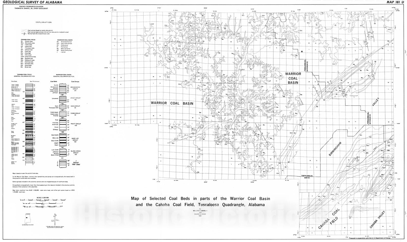 Map : Map of selected coal beds in parts of the Warrior coal basin and the Cahaba coal field, Tuscaloosa Quadrangle, Alabama, 1981 Cartography Wall Art :